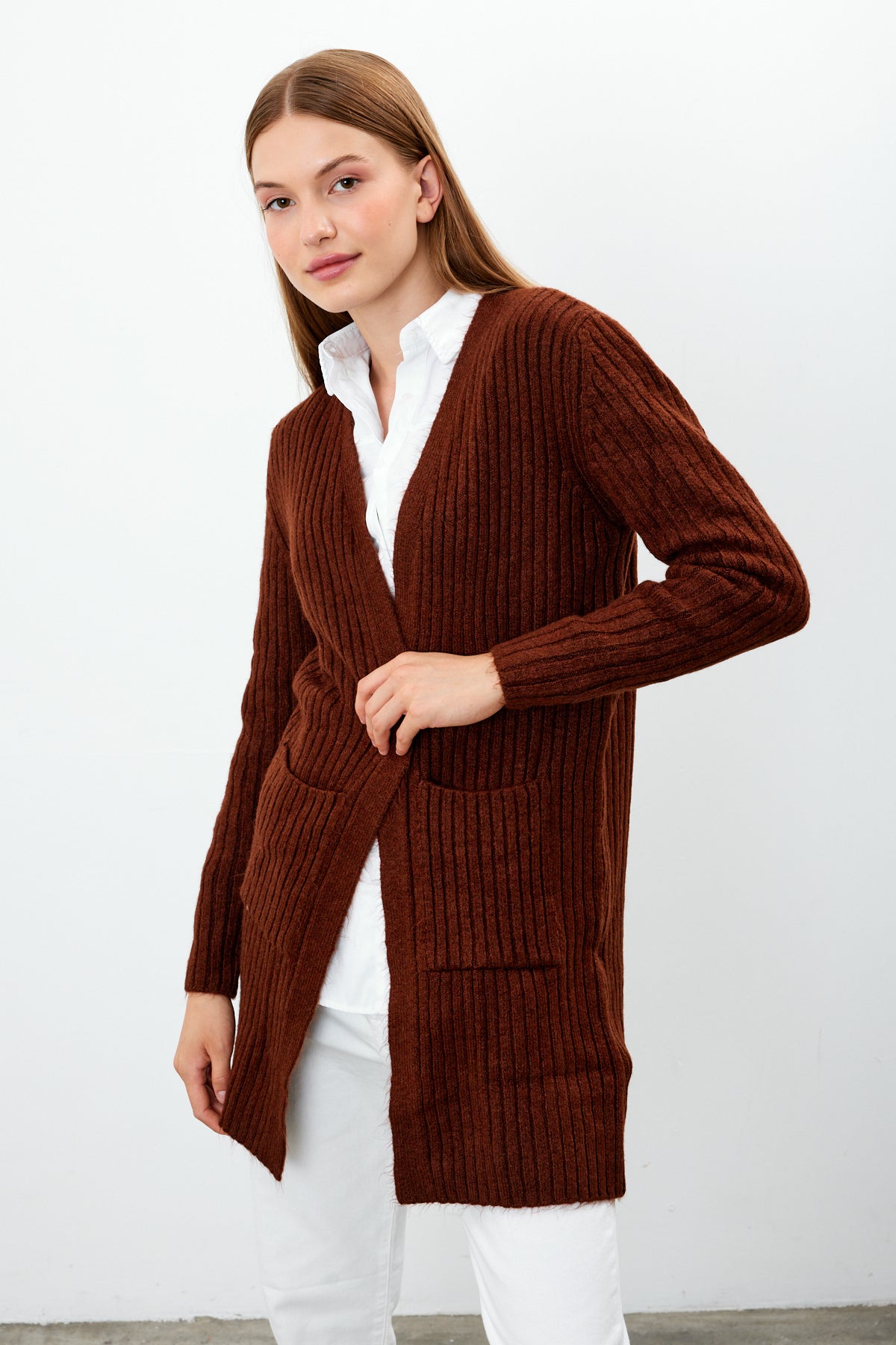 Long Ribbed Knit Cardigan Solid Color  - SKU: 9578