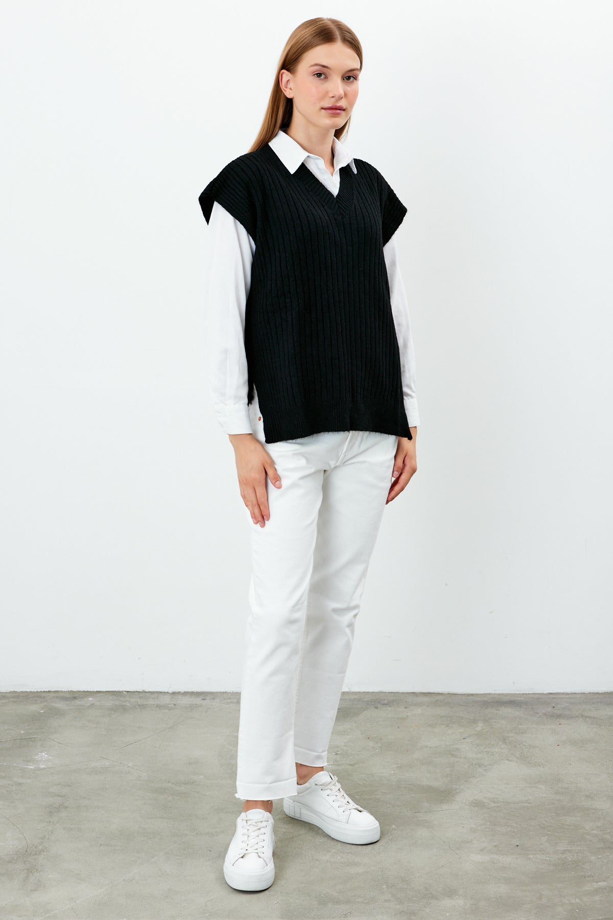 Knit Sweater Vest Ribbed Solid Color V Neck - SKU: 1201
