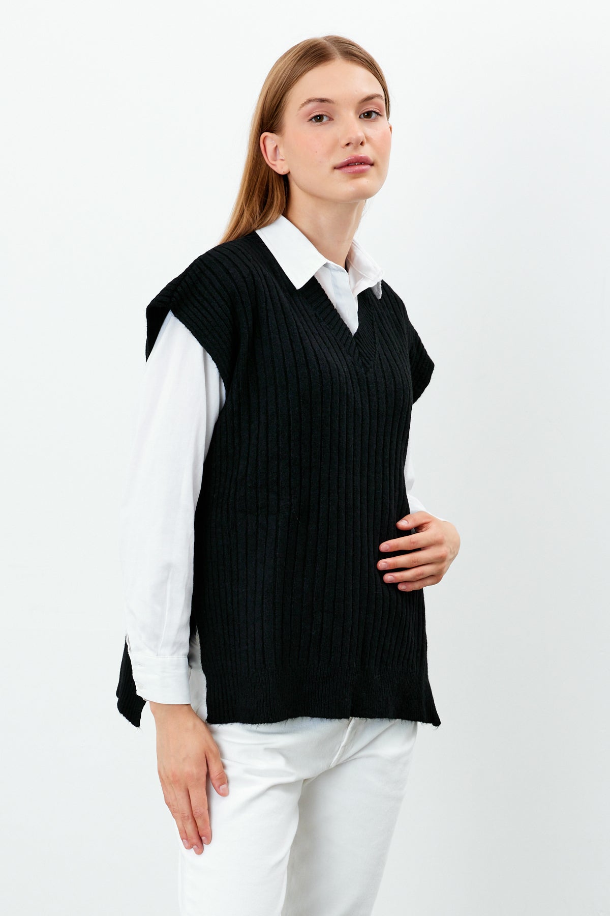 Knit Sweater Vest Ribbed Solid Color V Neck - SKU: 1201