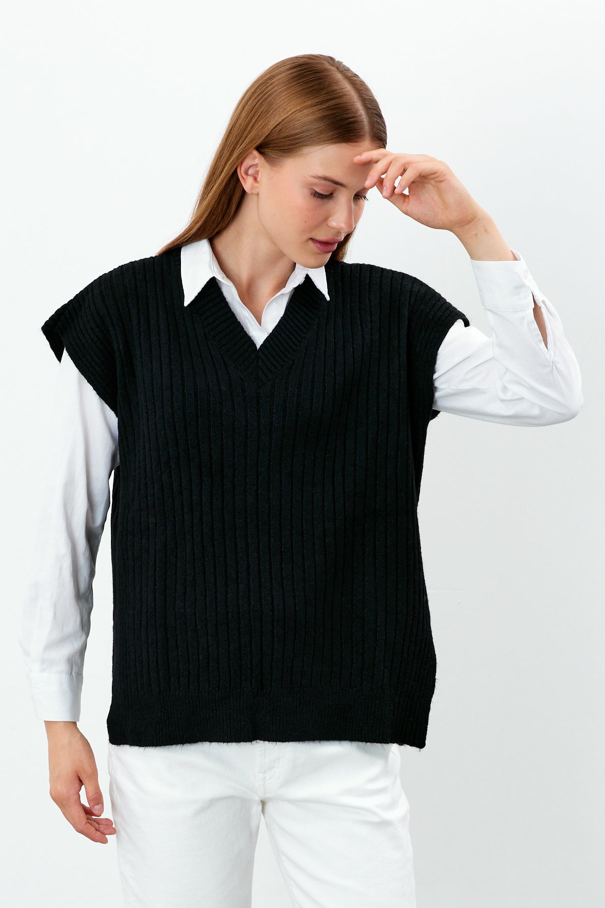 Knit Sweater Vest Ribbed Solid Color V Neck - SKU: 1201