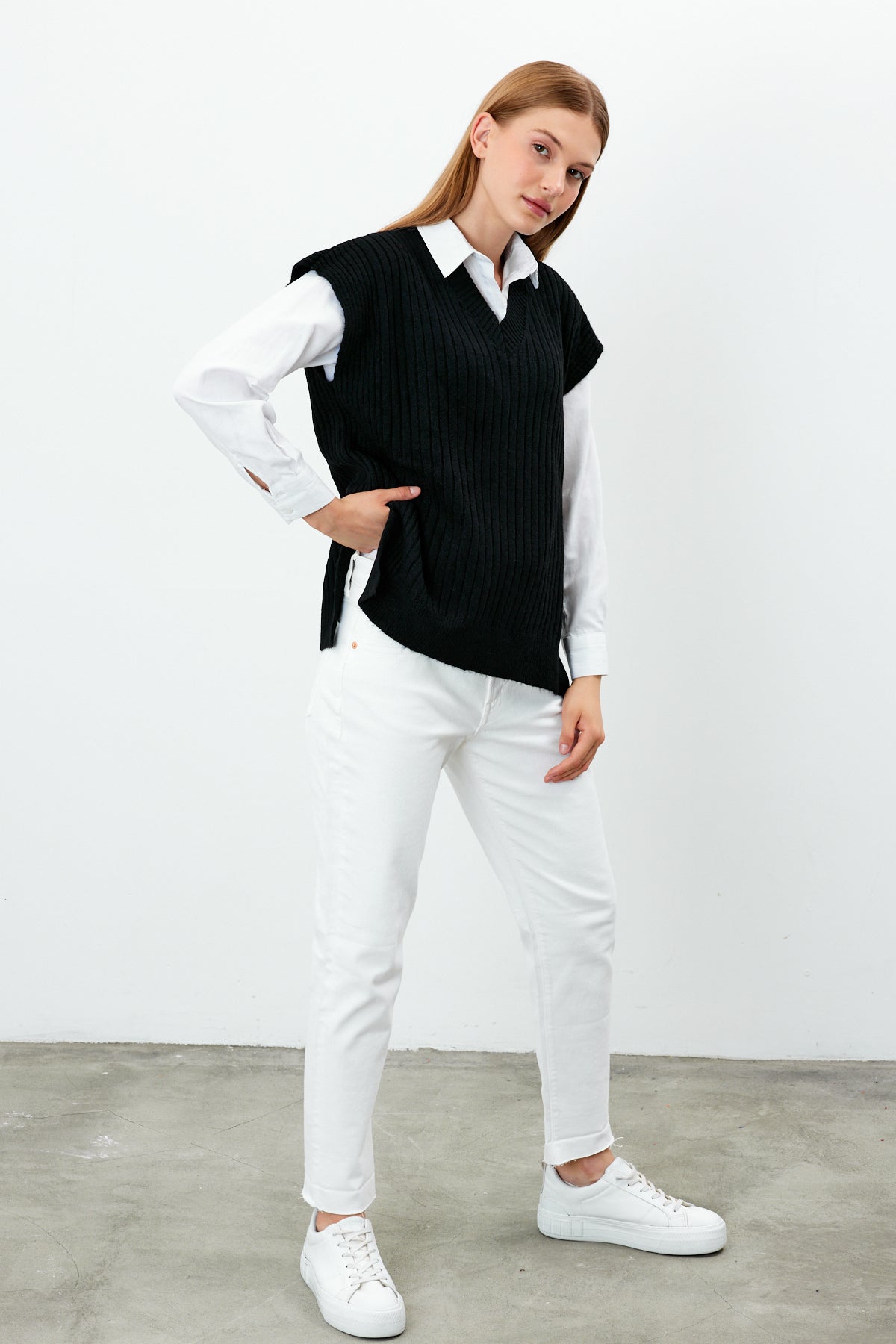 Knit Sweater Vest Ribbed Solid Color V Neck - SKU: 1201