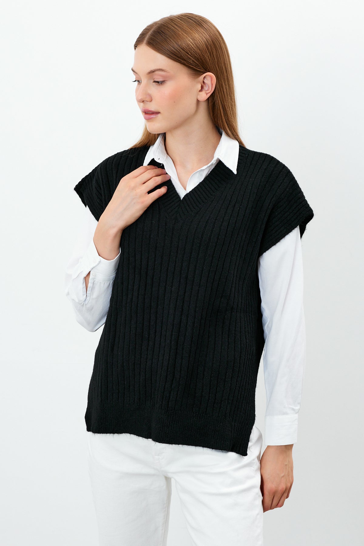 Knit Sweater Vest Ribbed Solid Color V Neck - SKU: 1201