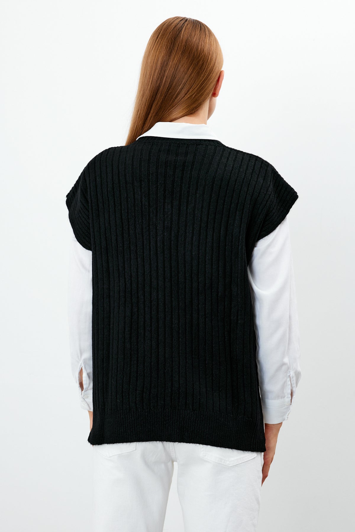 Knit Sweater Vest Ribbed Solid Color V Neck - SKU: 1201