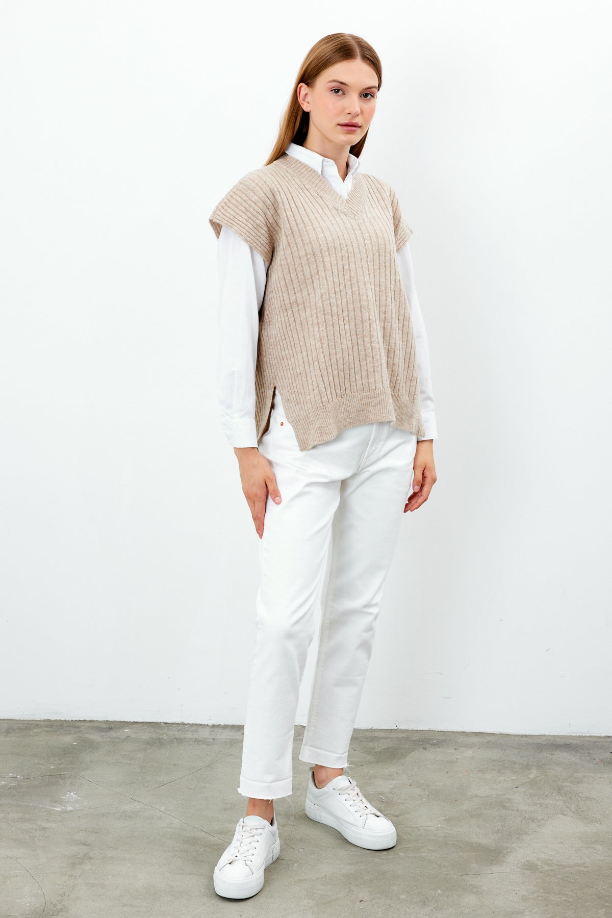 Knit Sweater Vest Ribbed Solid Color V Neck - SKU: 1201