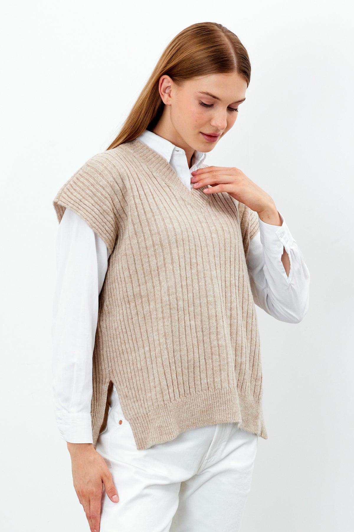 Knit Sweater Vest Ribbed Solid Color V Neck - SKU: 1201