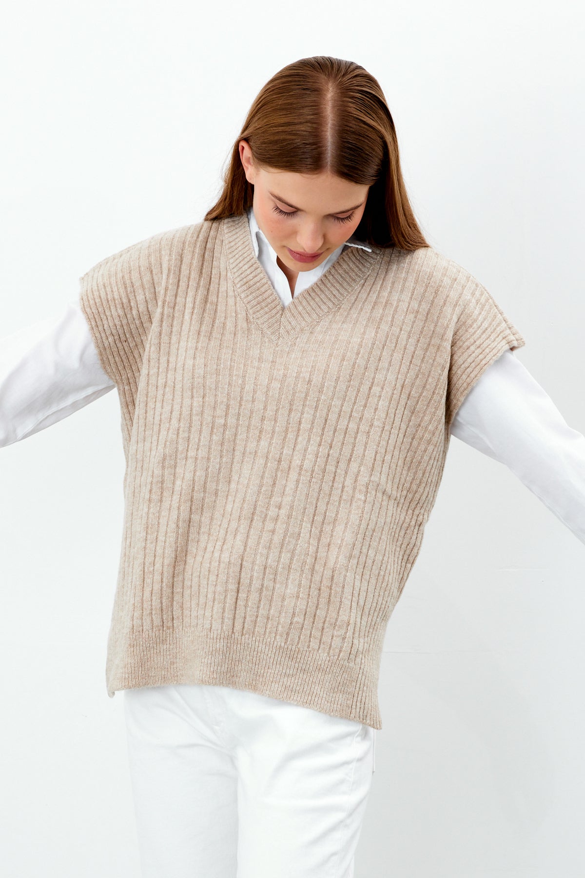 Knit Sweater Vest Ribbed Solid Color V Neck - SKU: 1201