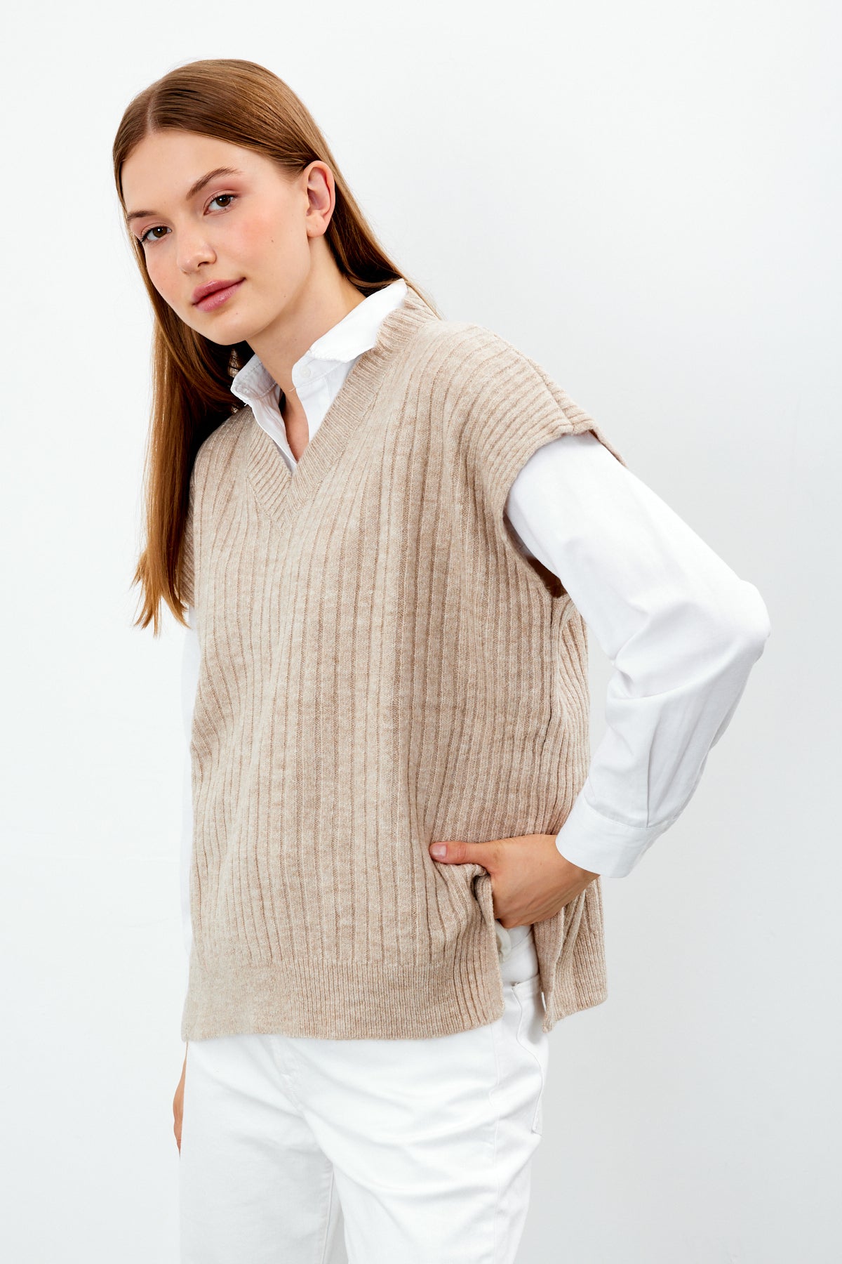 Knit Sweater Vest Ribbed Solid Color V Neck - SKU: 1201