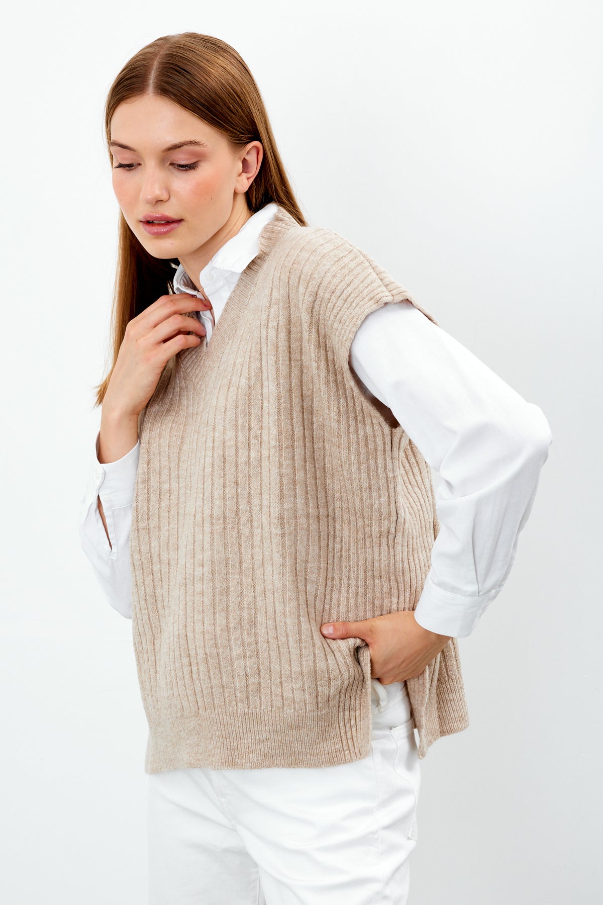 Knit Sweater Vest Ribbed Solid Color V Neck - SKU: 1201
