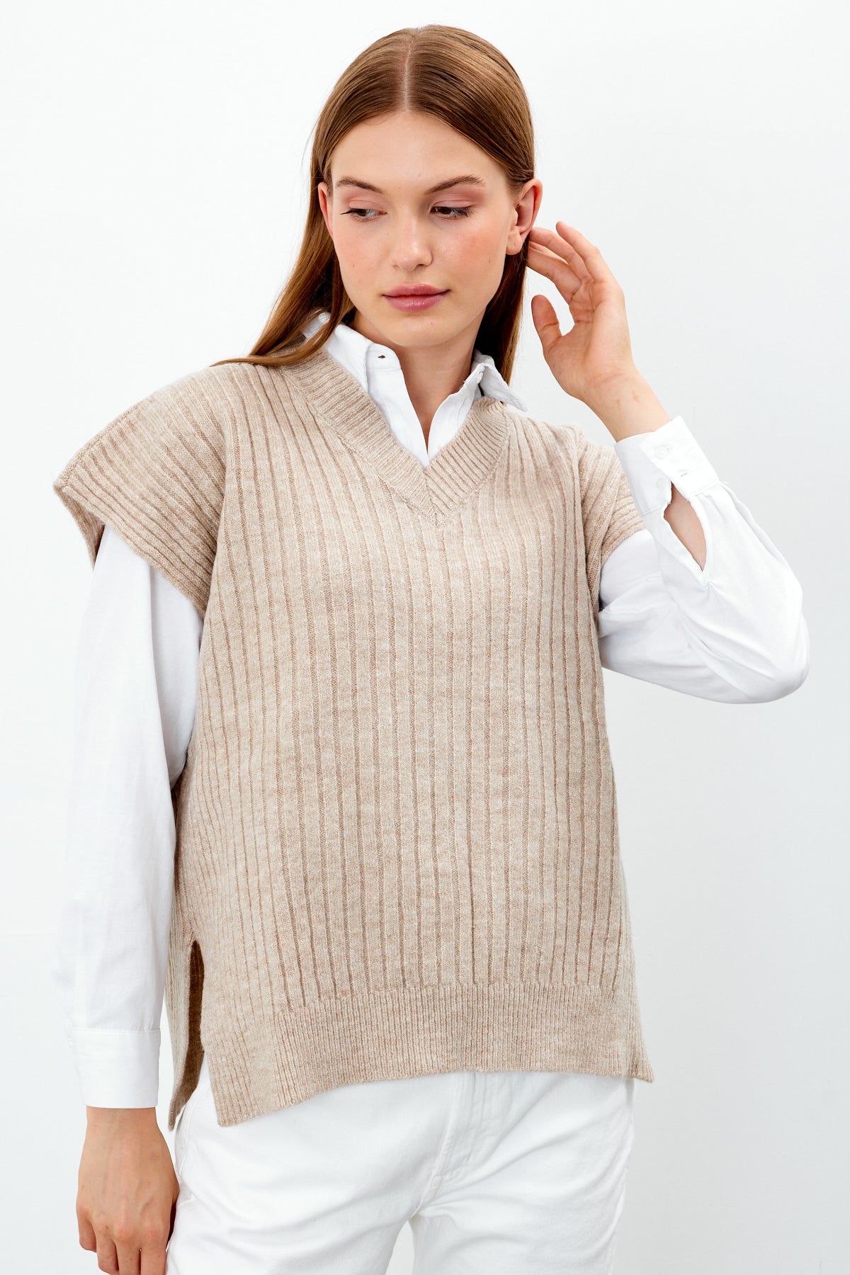 Knit Sweater Vest Ribbed Solid Color V Neck - SKU: 1201