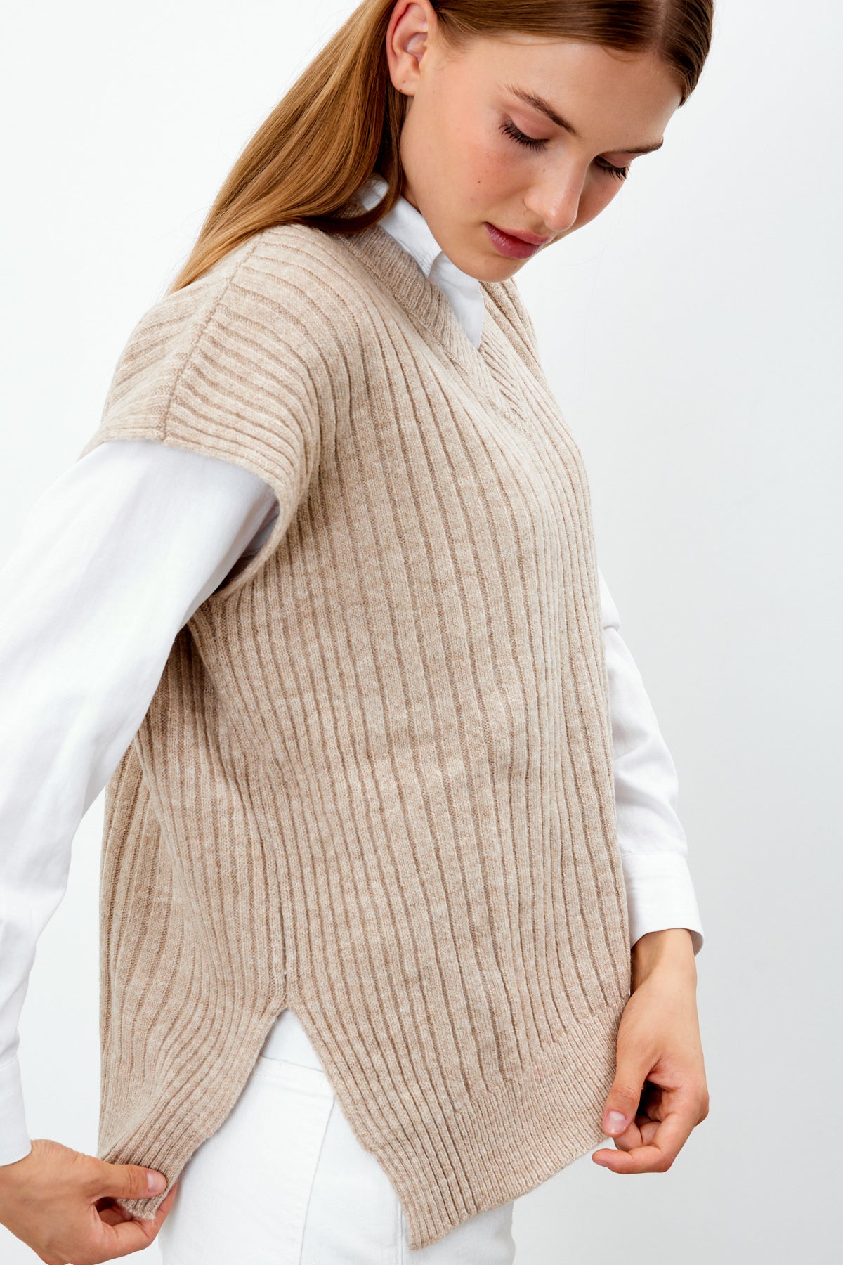 Knit Sweater Vest Ribbed Solid Color V Neck - SKU: 1201