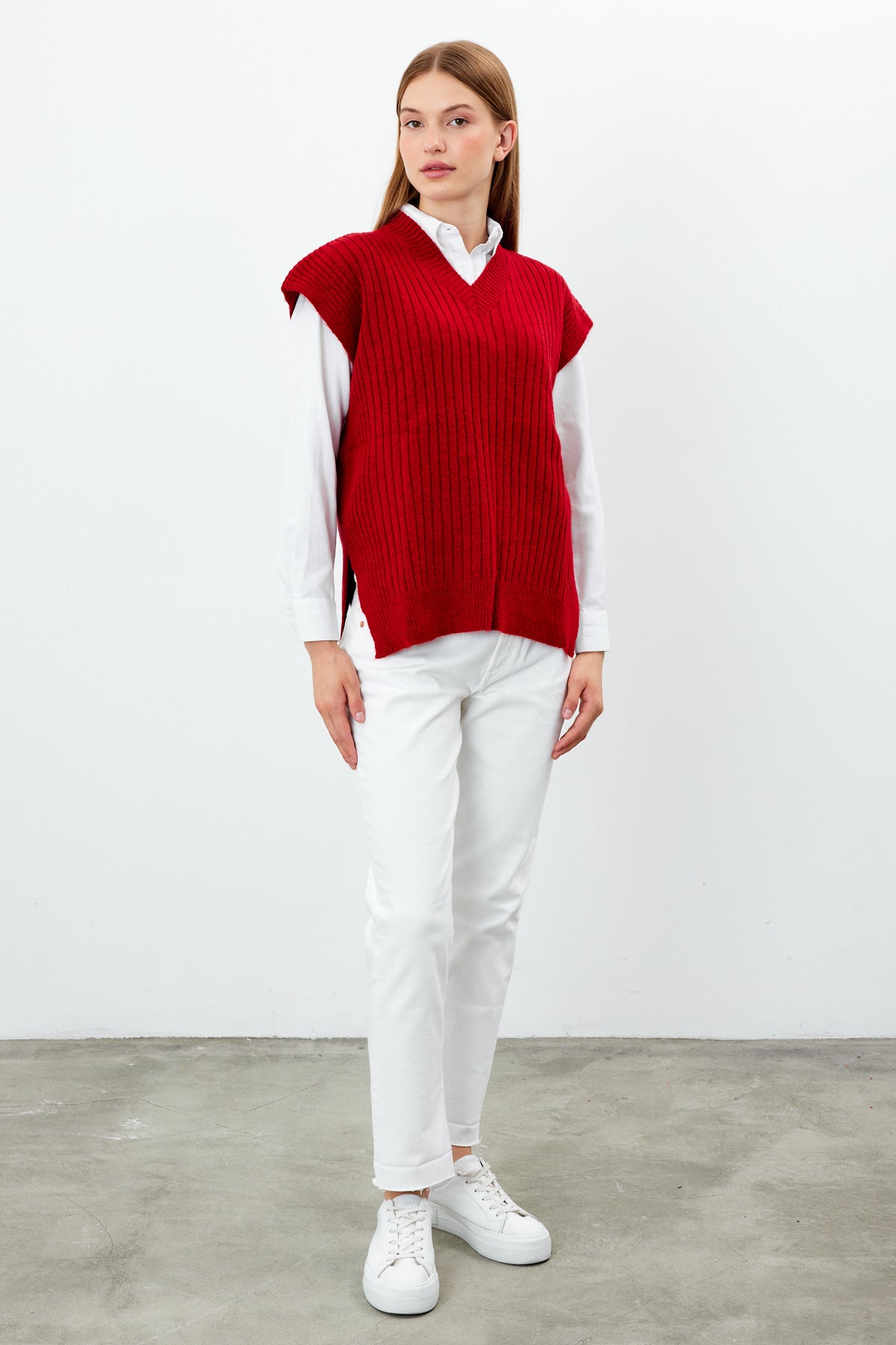 Knit Sweater Vest Ribbed Solid Color V Neck - SKU: 1201