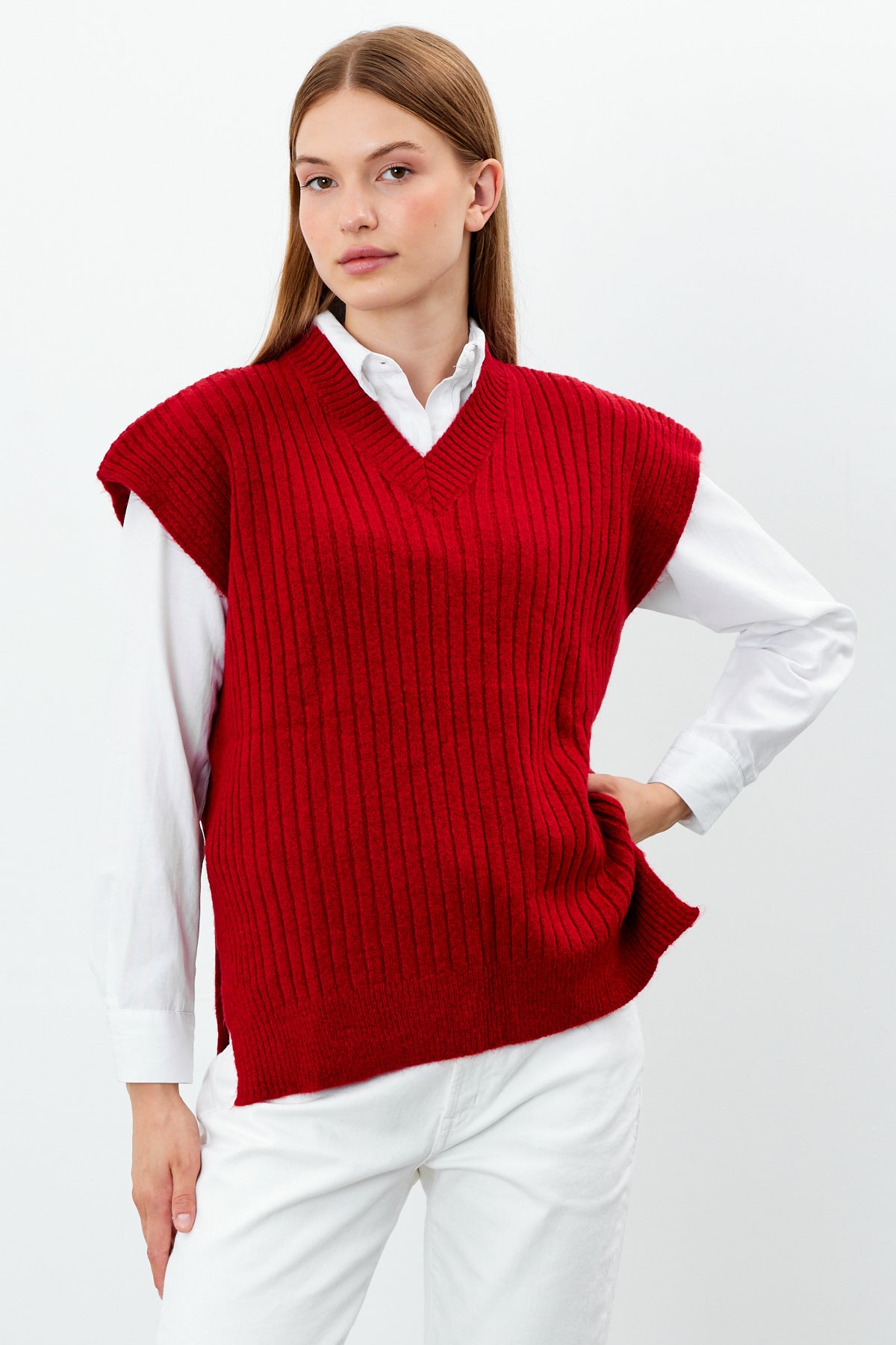 Knit Sweater Vest Ribbed Solid Color V Neck - SKU: 1201