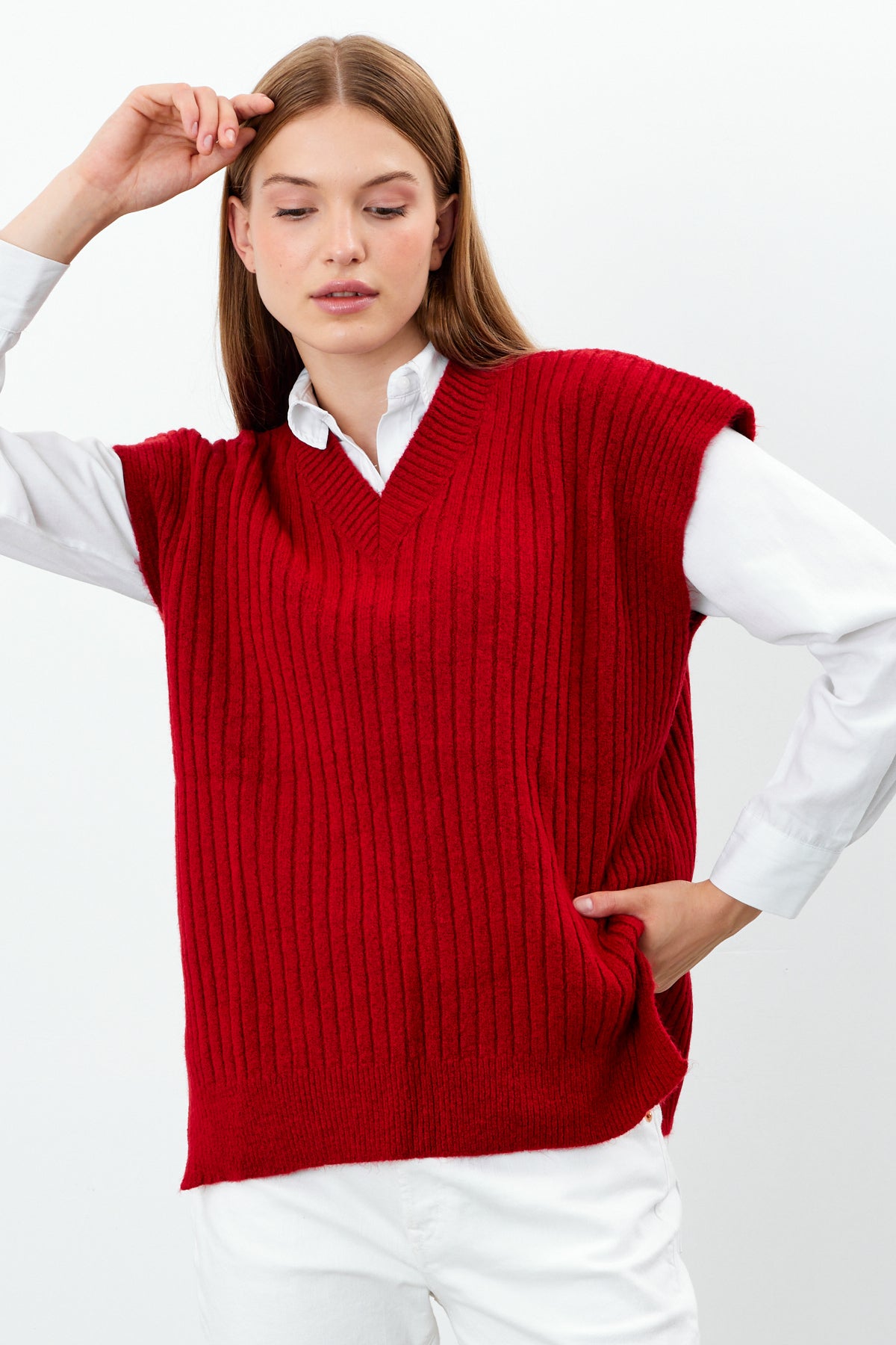 Knit Sweater Vest Ribbed Solid Color V Neck - SKU: 1201
