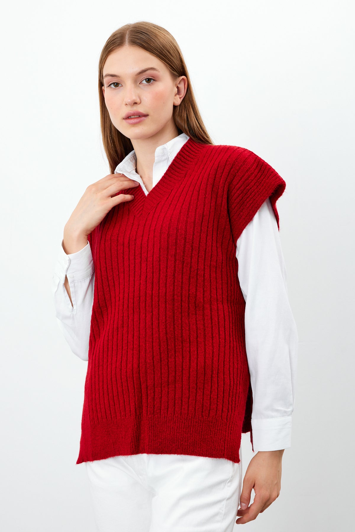 Knit Sweater Vest Ribbed Solid Color V Neck - SKU: 1201