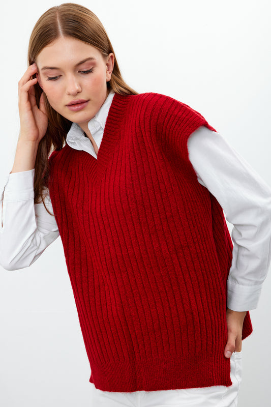 Knit Sweater Vest Ribbed Solid Color V Neck - SKU: 1201