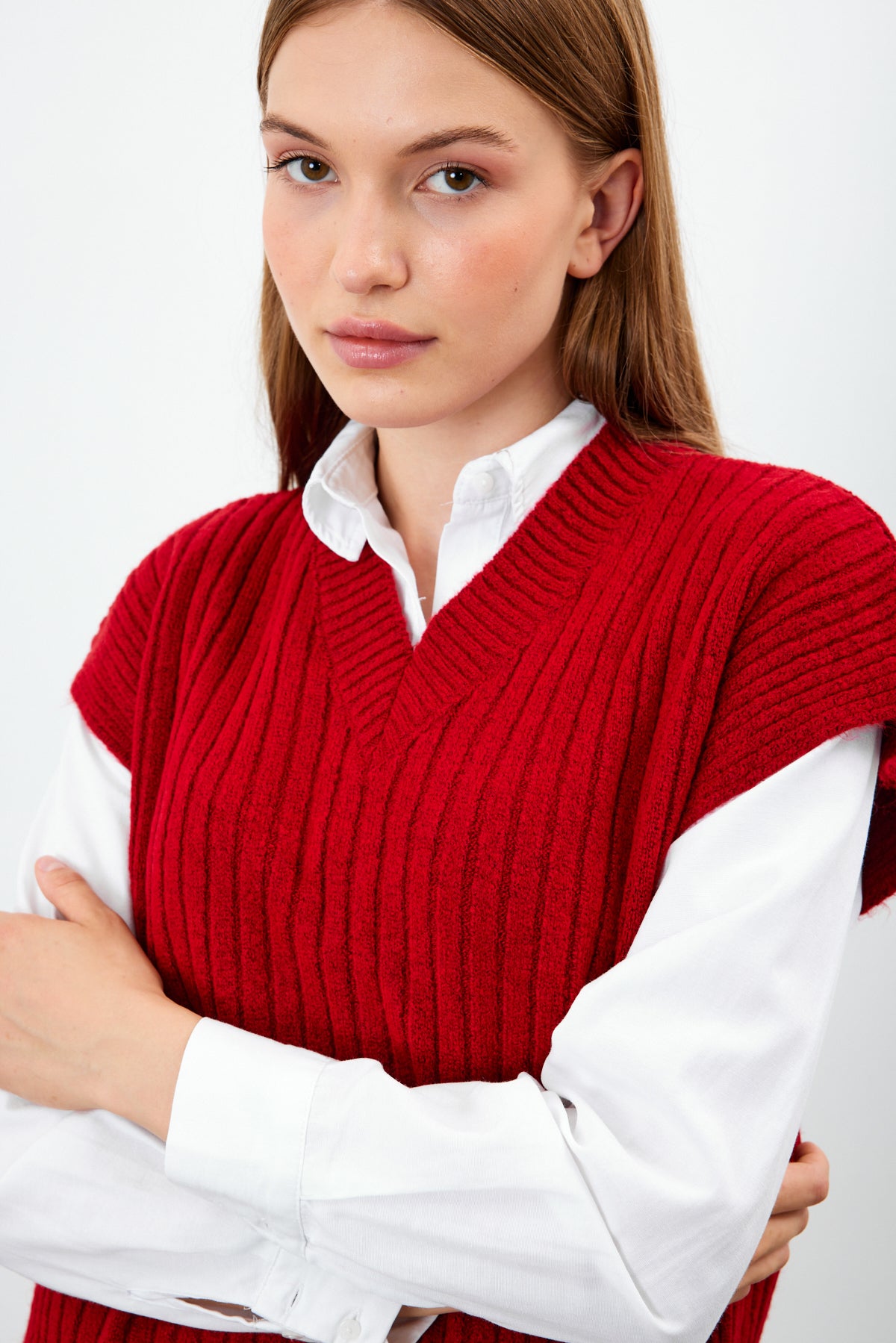 Knit Sweater Vest Ribbed Solid Color V Neck - SKU: 1201