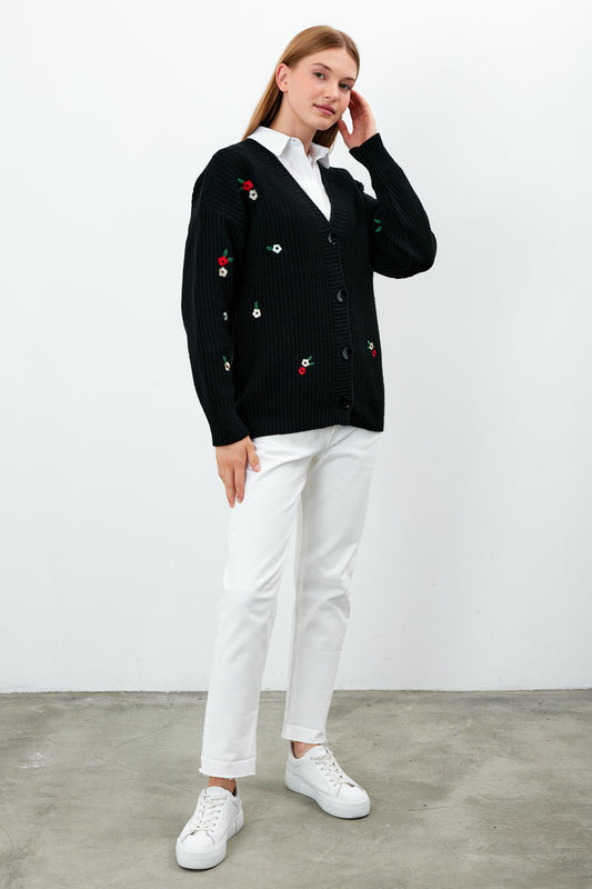 Middle Length Knit Cardigan Flower Embroidery Detailed - SKU: 3830