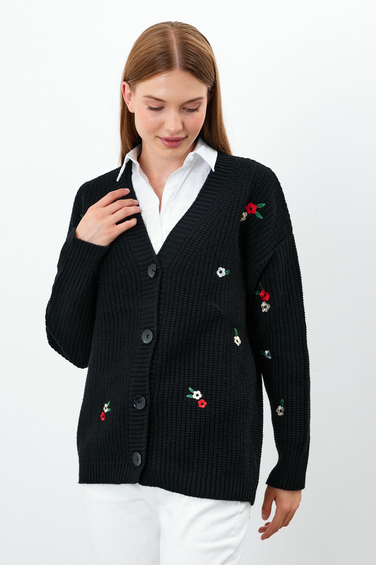 Middle Length Knit Cardigan Flower Embroidery Detailed - SKU: 3830