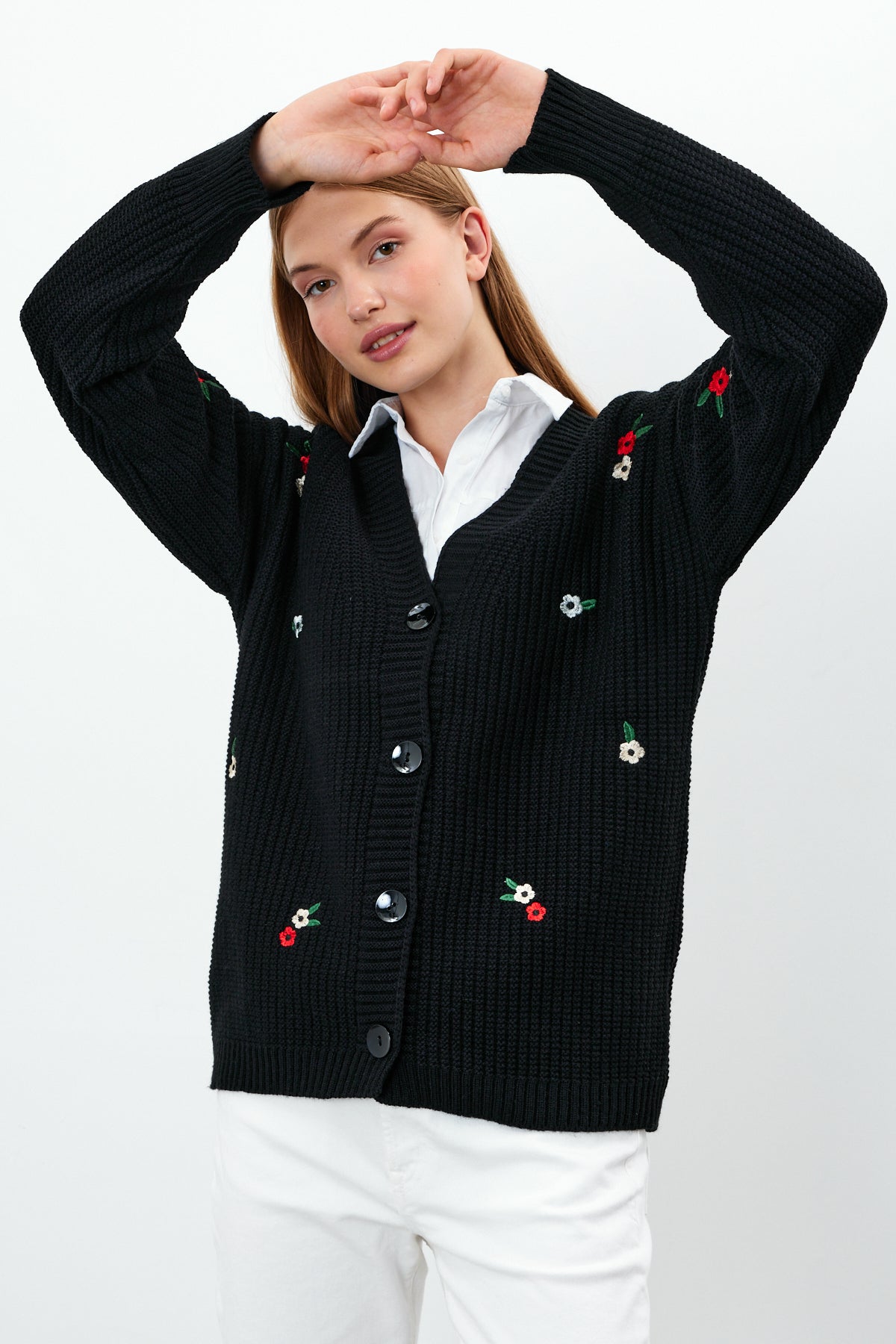 Middle Length Knit Cardigan Flower Embroidery Detailed - SKU: 3830