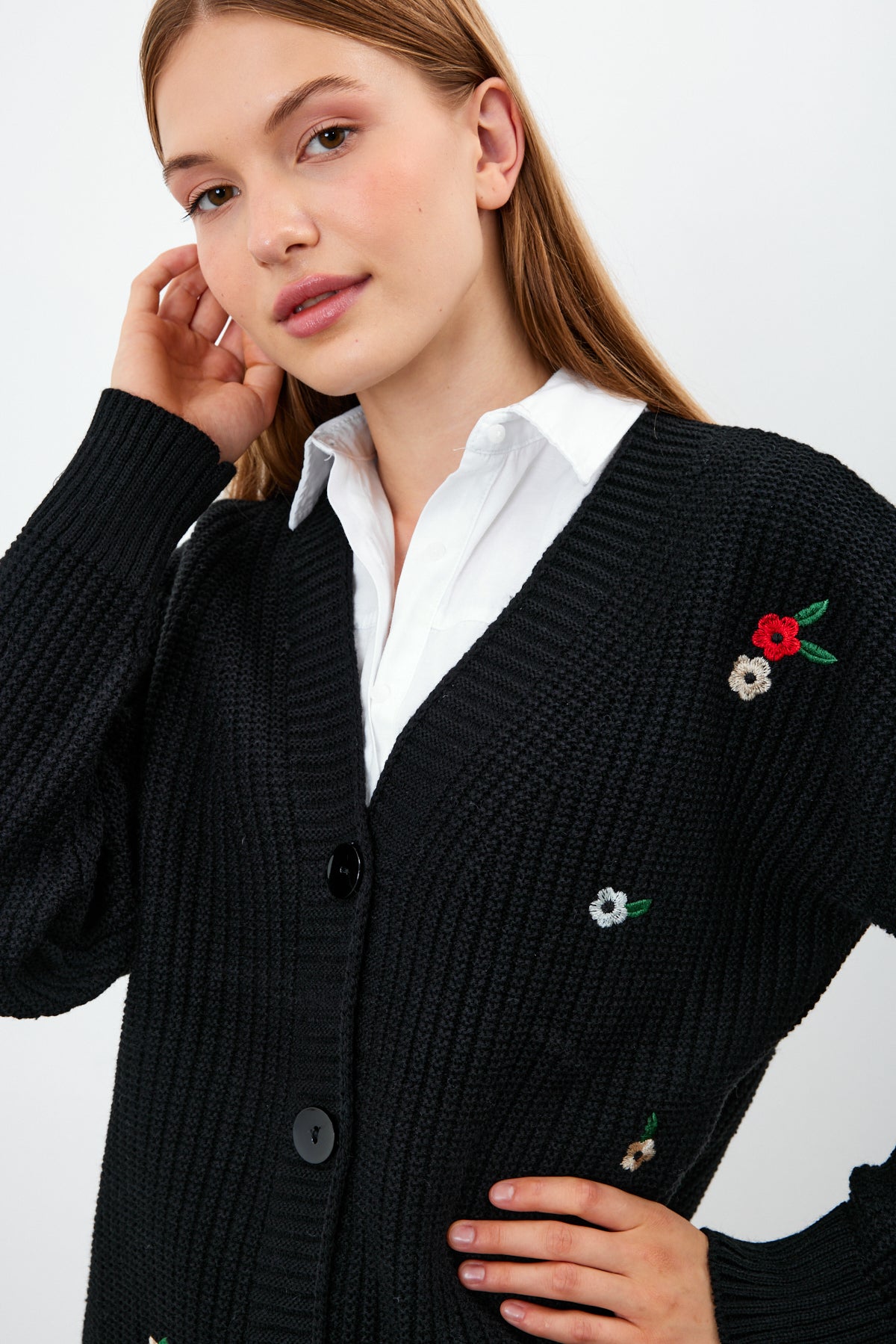 Middle Length Knit Cardigan Flower Embroidery Detailed - SKU: 3830