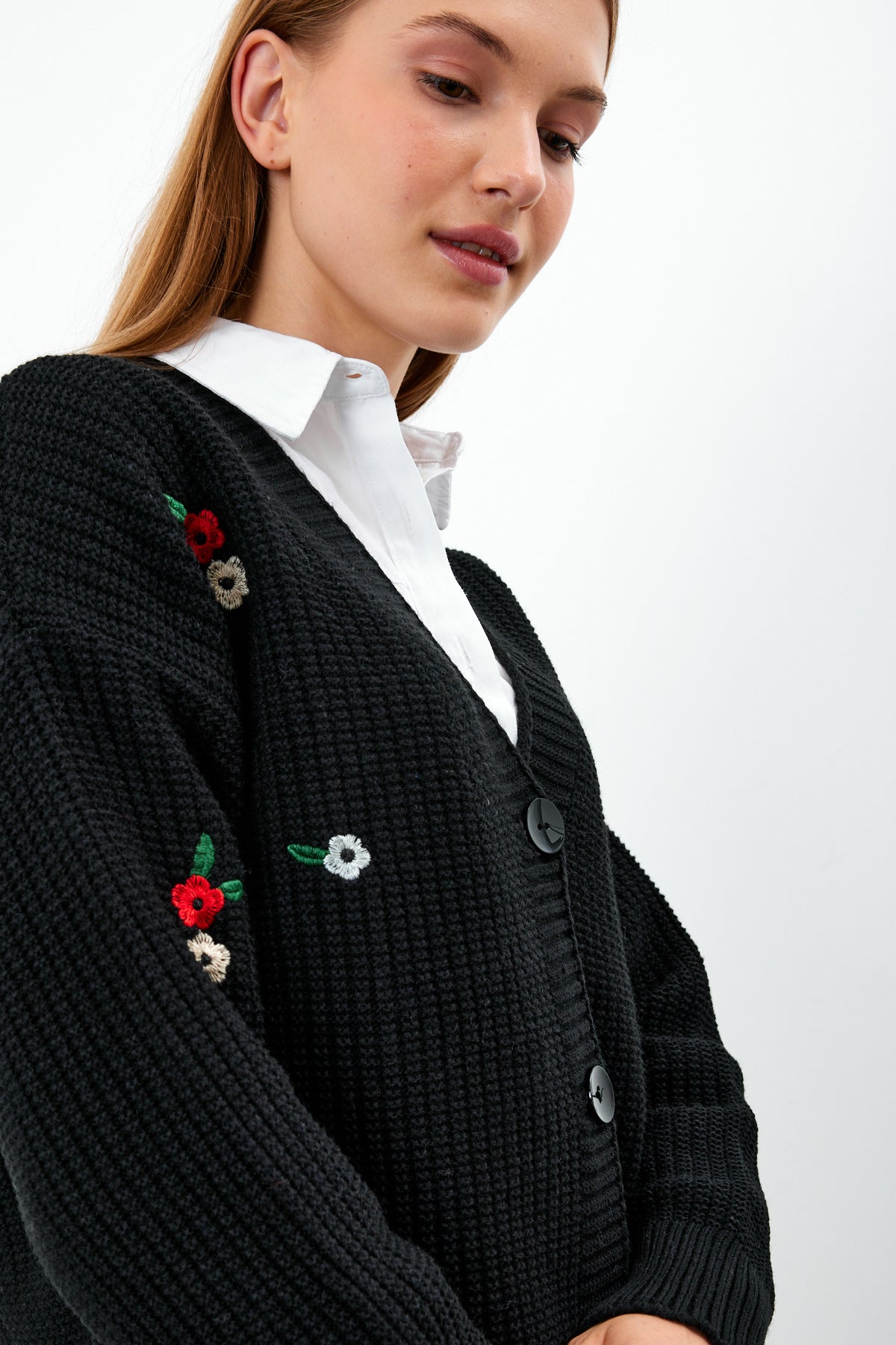 Middle Length Knit Cardigan Flower Embroidery Detailed - SKU: 3830