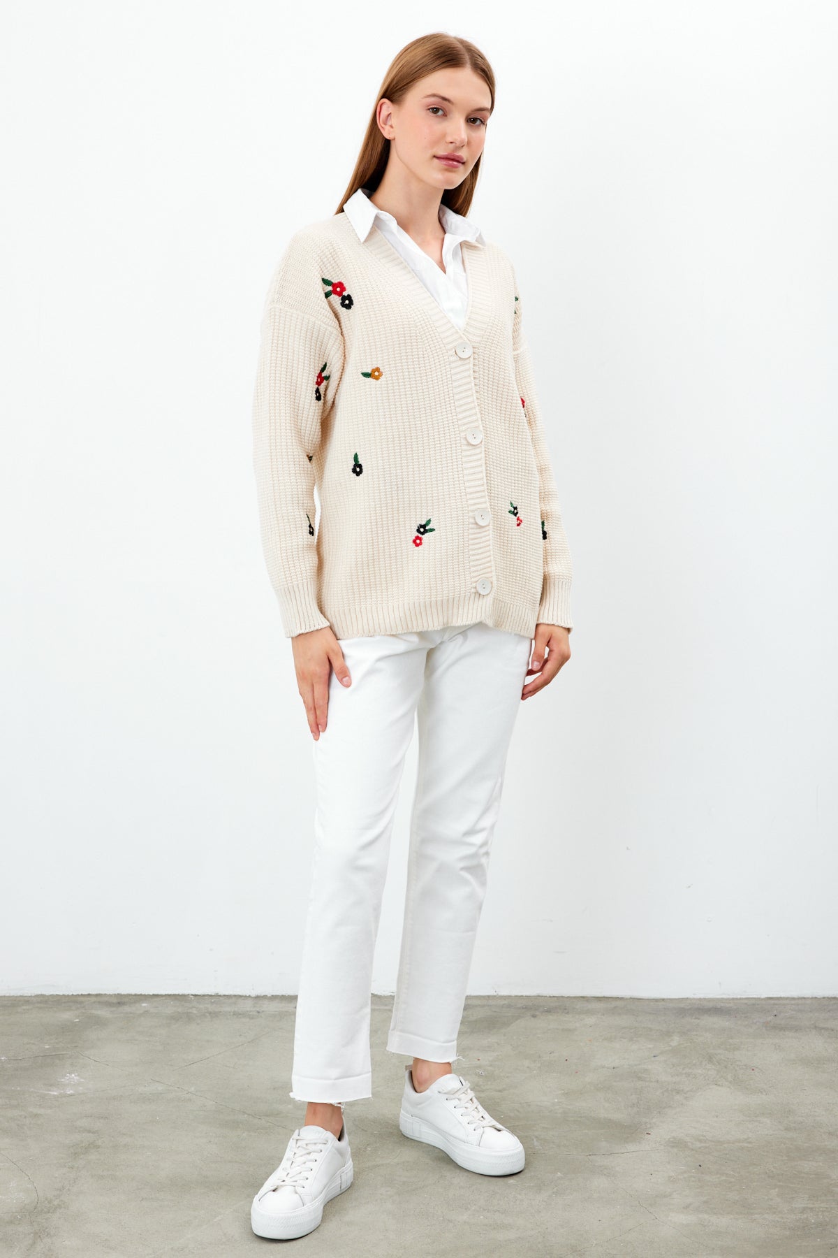 Middle Length Knit Cardigan Flower Embroidery Detailed - SKU: 3830