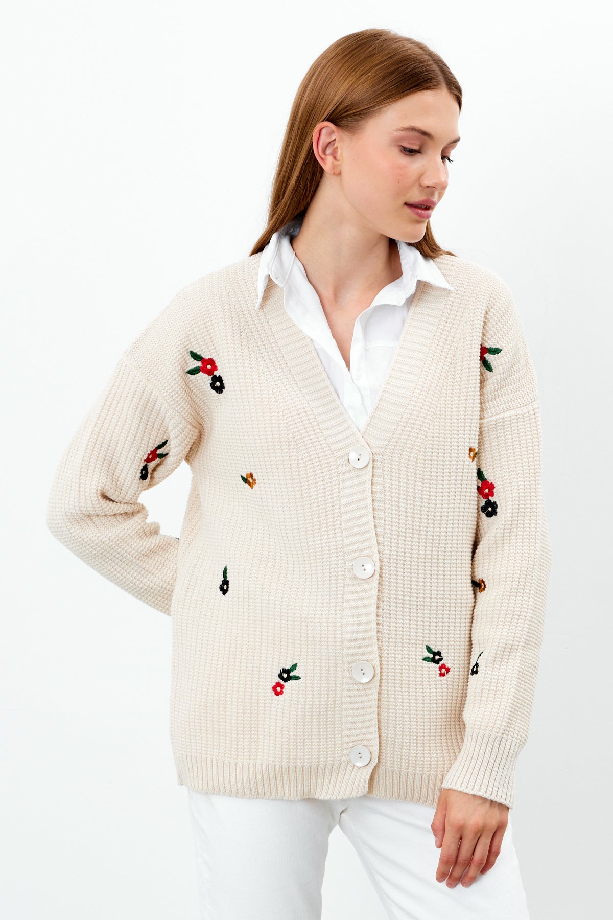 Middle Length Knit Cardigan Flower Embroidery Detailed - SKU: 3830