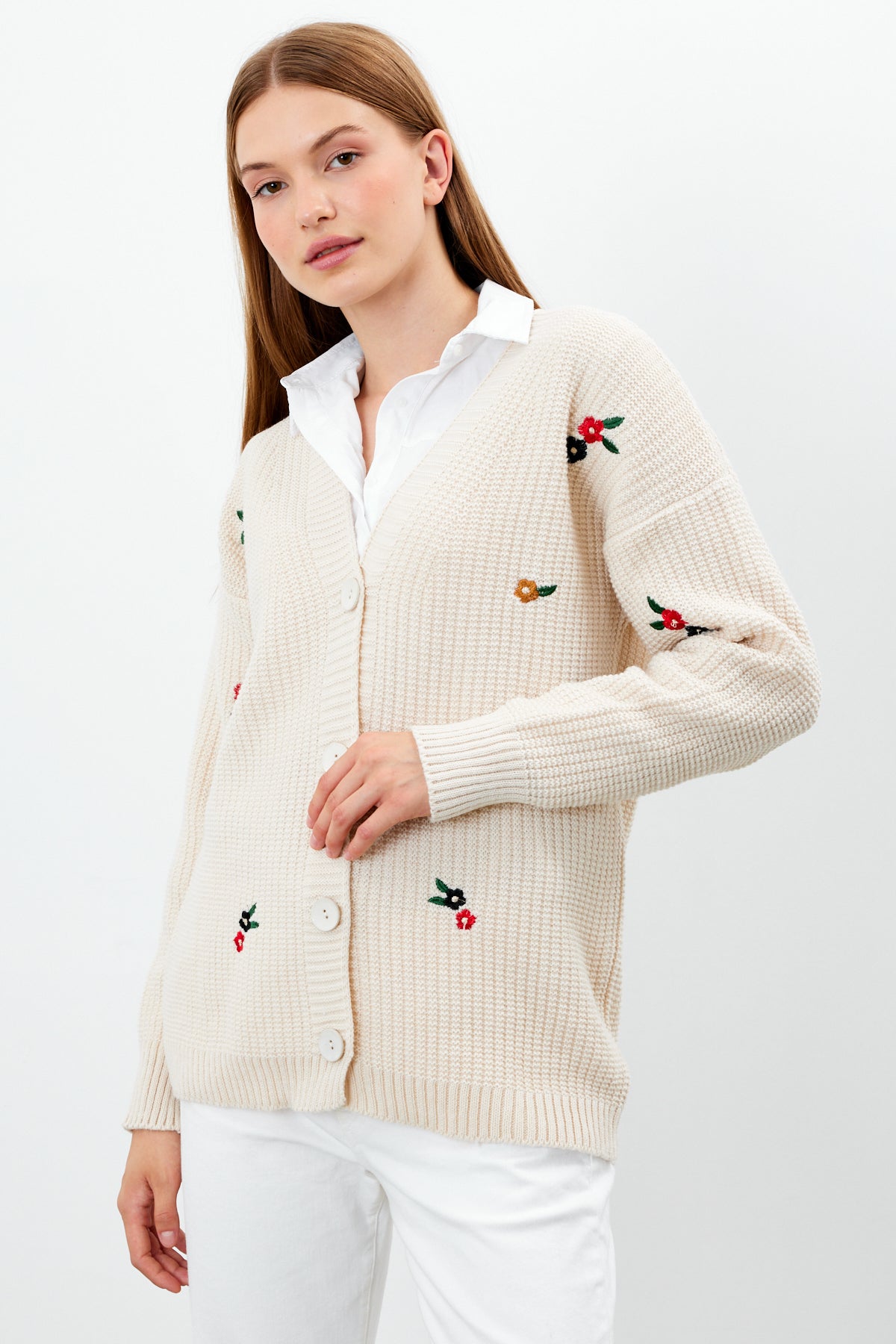 Middle Length Knit Cardigan Flower Embroidery Detailed - SKU: 3830