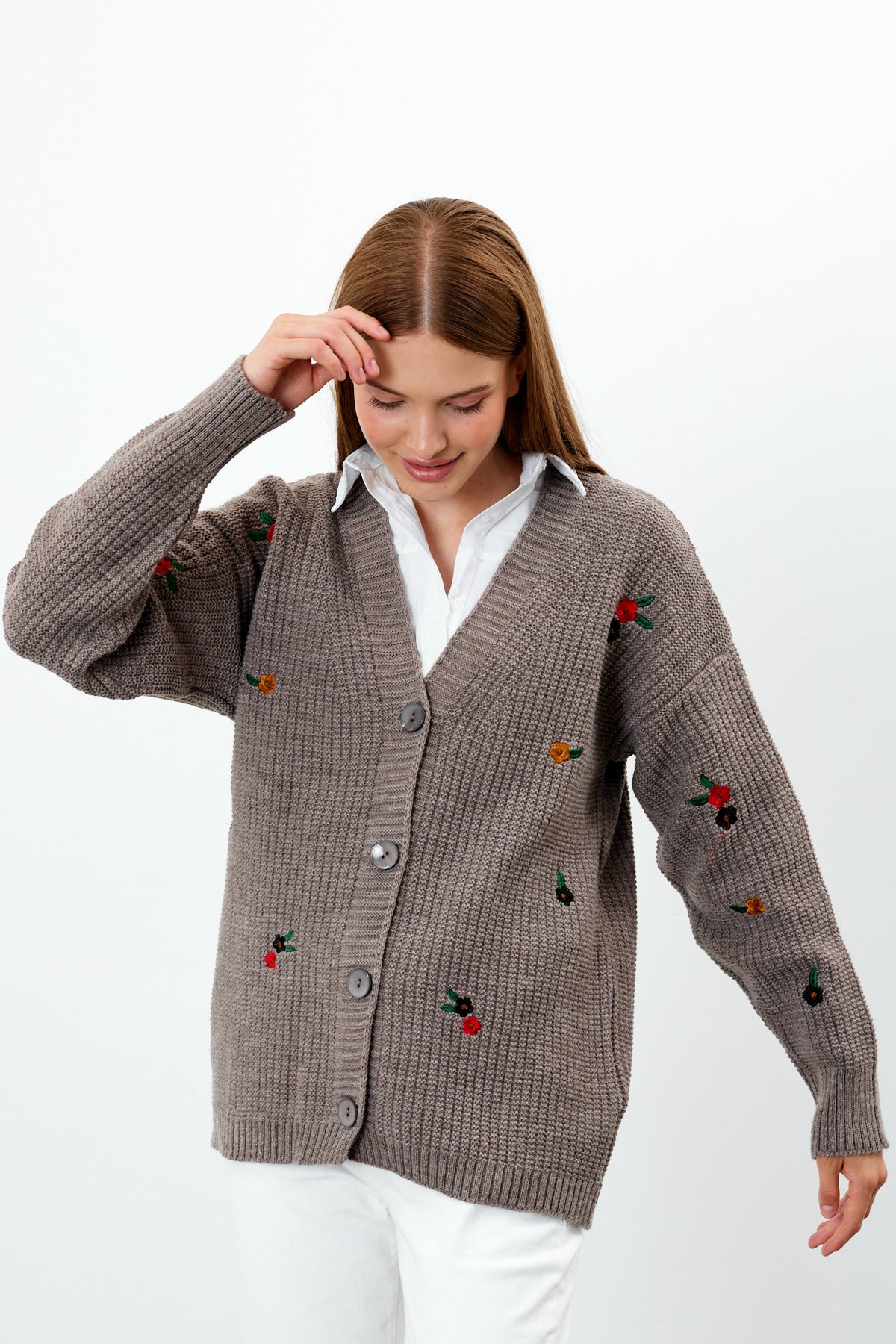 Middle Length Knit Cardigan Flower Embroidery Detailed - SKU: 3830