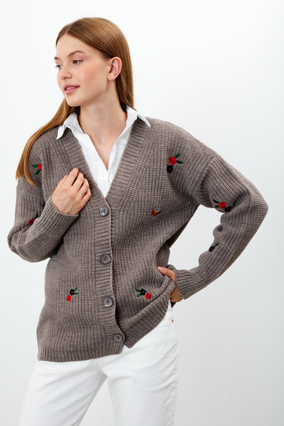Middle Length Knit Cardigan Flower Embroidery Detailed - SKU: 3830