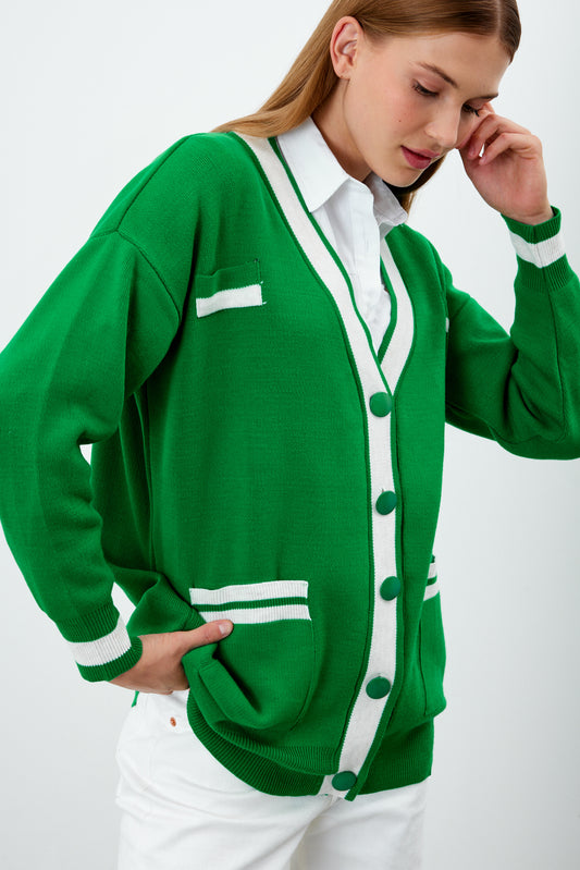 Knit Cardigan Mid/Long Length White Stripe Detailed - SKU: 1294