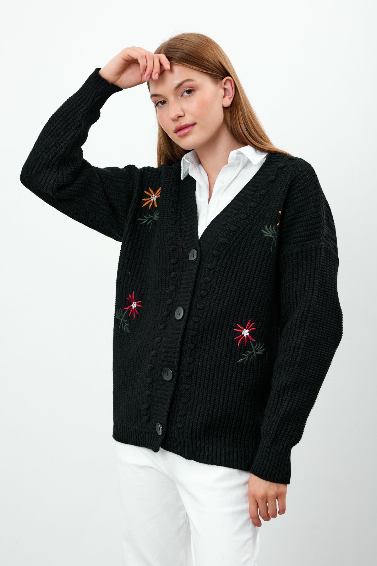 Flower Knitted Knit Cardigan Mid Length Knit Cardigan- SKU: 3810