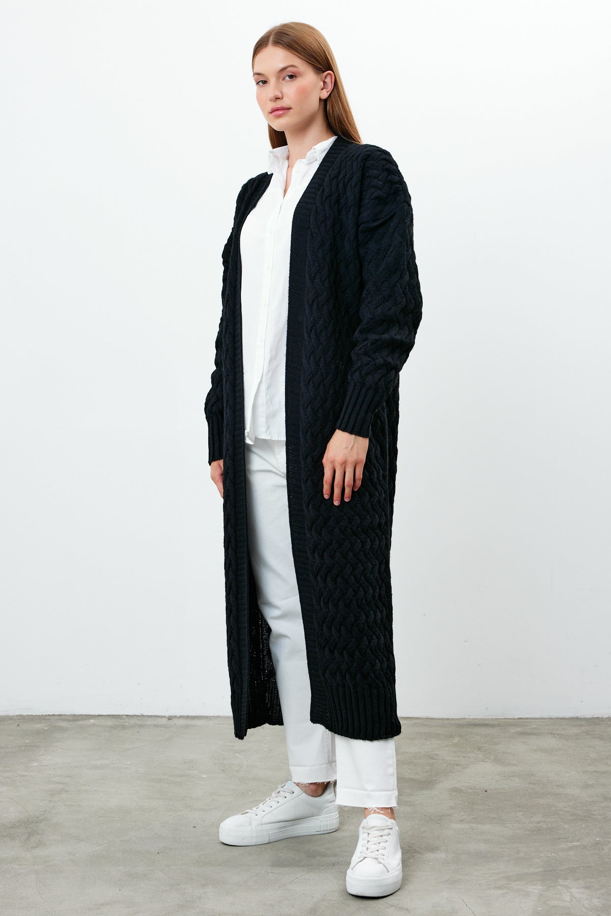 Long Length Knit Cardigan Maxi Length Cover Up Knit Detailed Solid Color - SKU: 3860