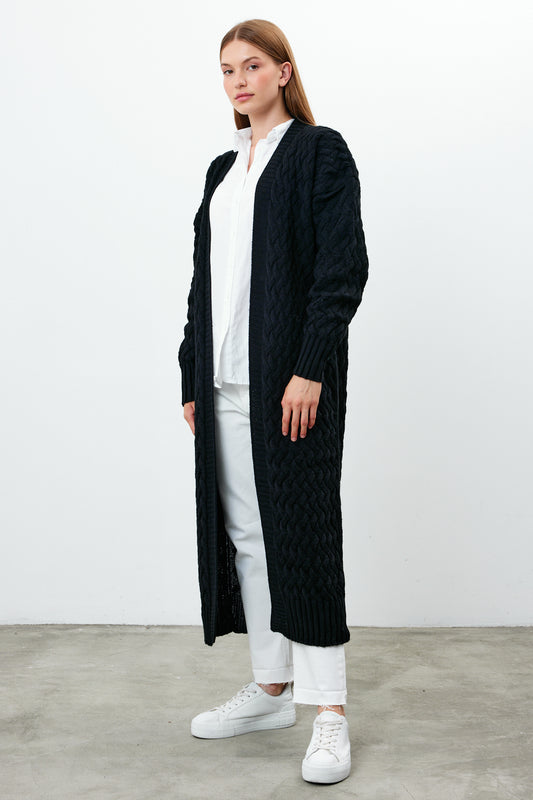 Long Length Knit Cardigan Maxi Length Cover Up Knit Detailed Solid Color - SKU: 3860