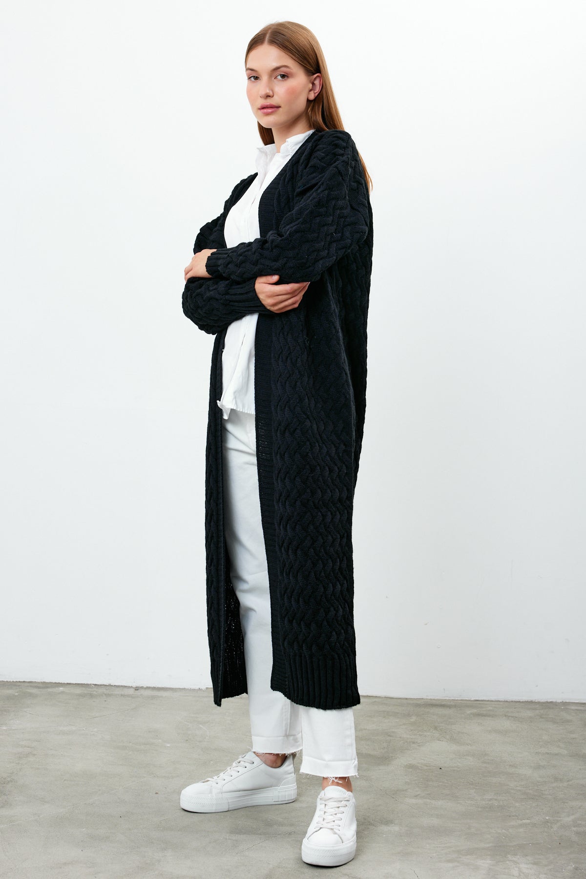 Long Length Knit Cardigan Maxi Length Cover Up Knit Detailed Solid Color - SKU: 3860