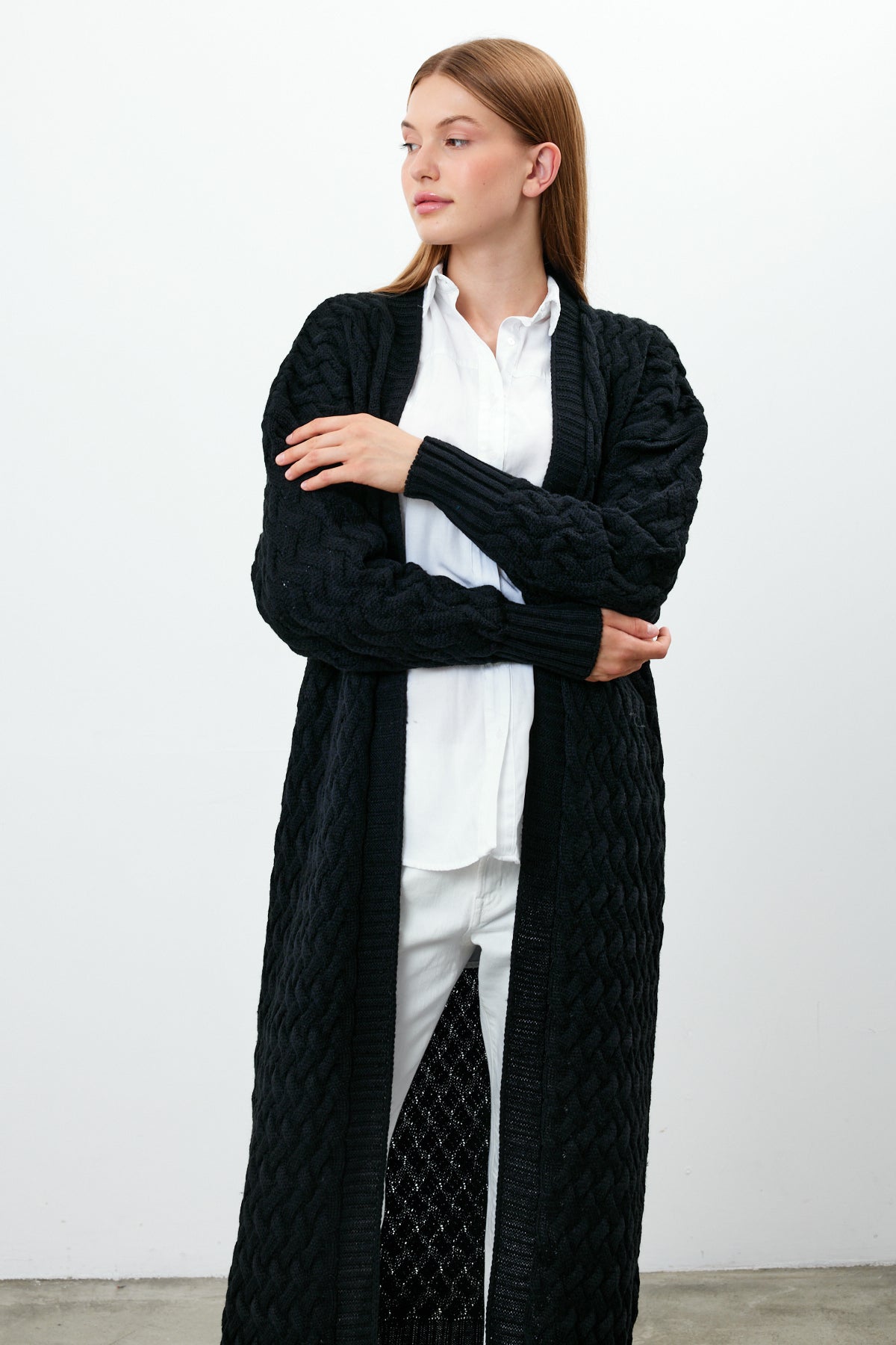 Long Length Knit Cardigan Maxi Length Cover Up Knit Detailed Solid Color - SKU: 3860