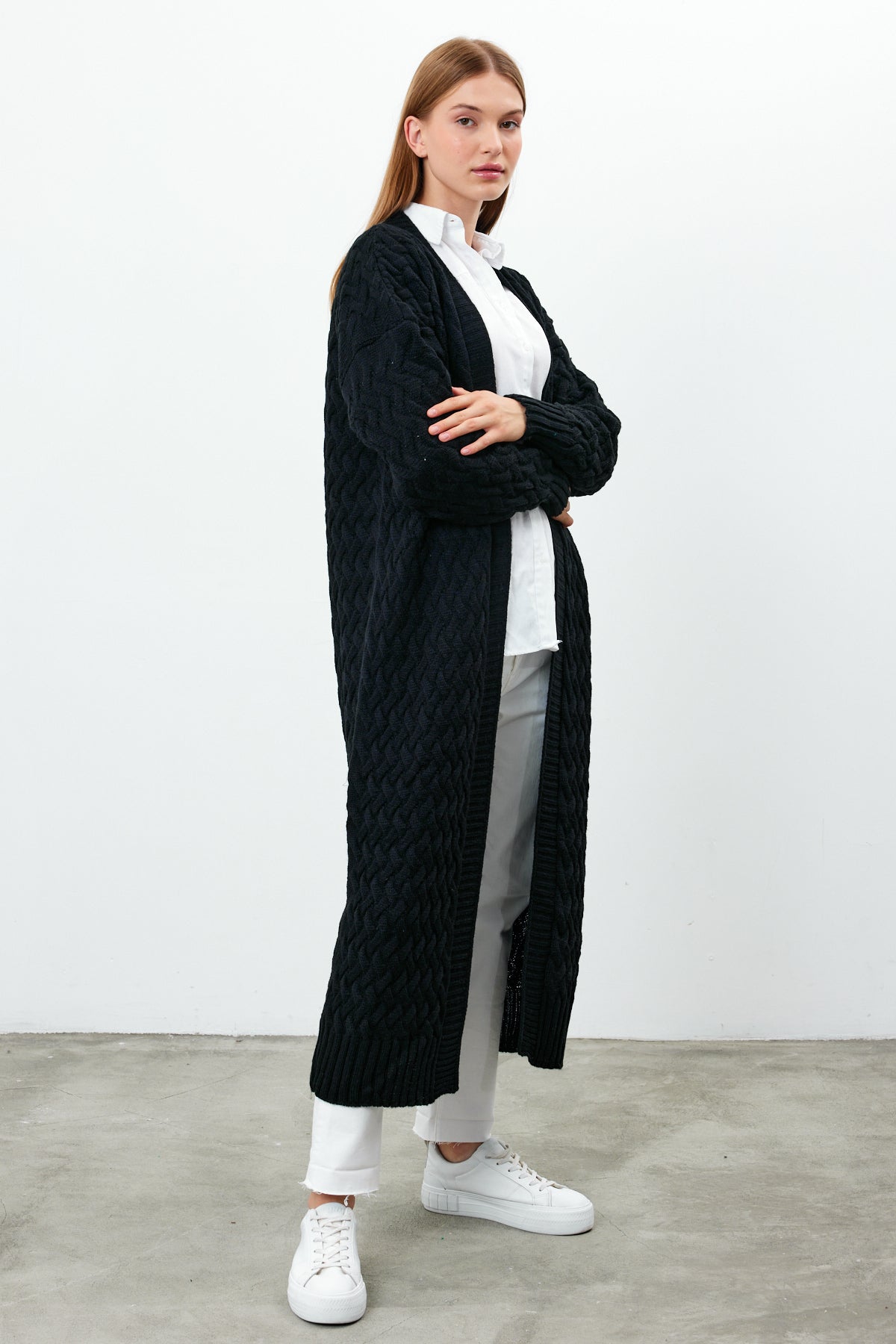 Long Length Knit Cardigan Maxi Length Cover Up Knit Detailed Solid Color - SKU: 3860