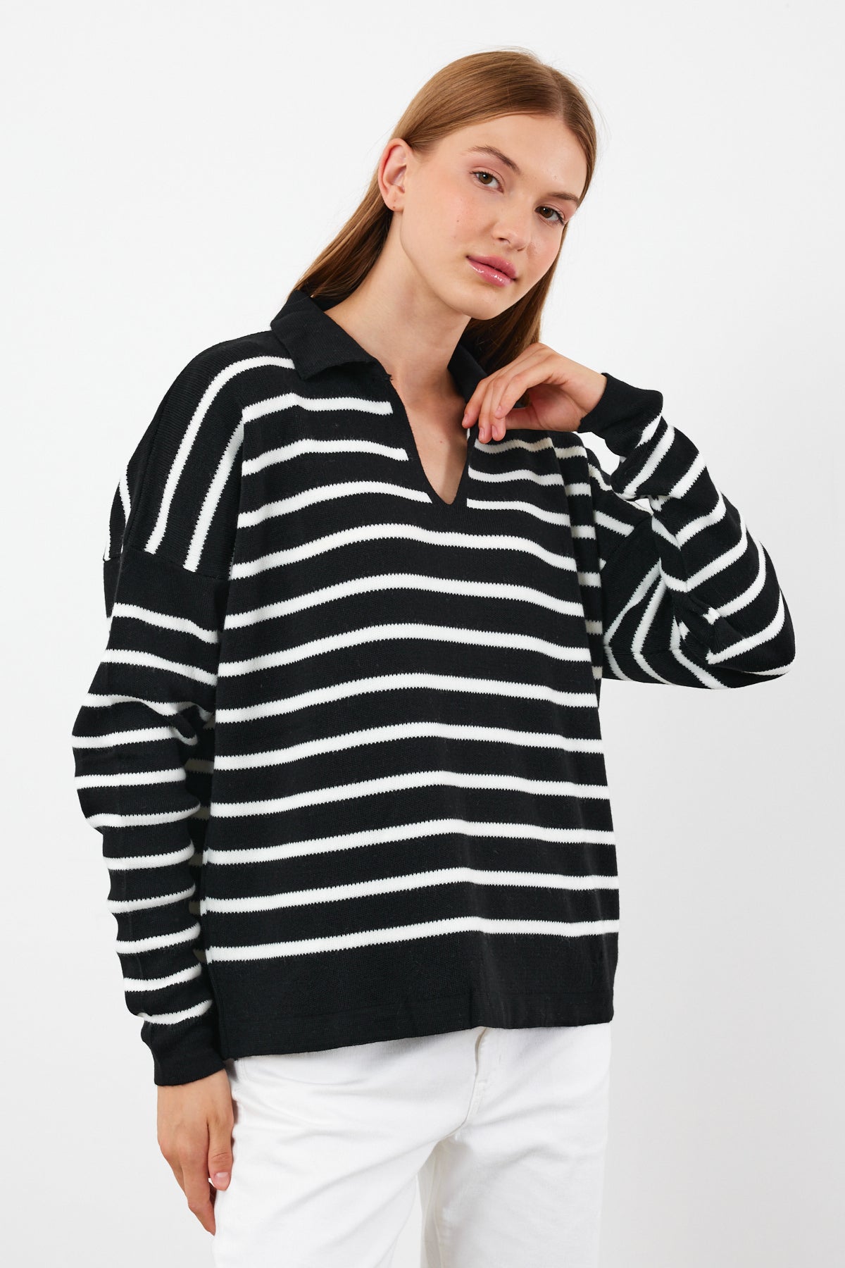 Knit Polo Neck Top V Neck Striped Knit Sweater - SKU: 1038