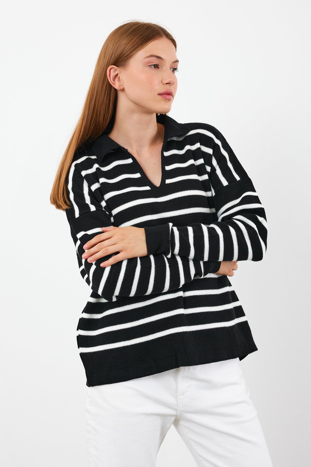 Knit Polo Neck Top V Neck Striped Knit Sweater - SKU: 1038
