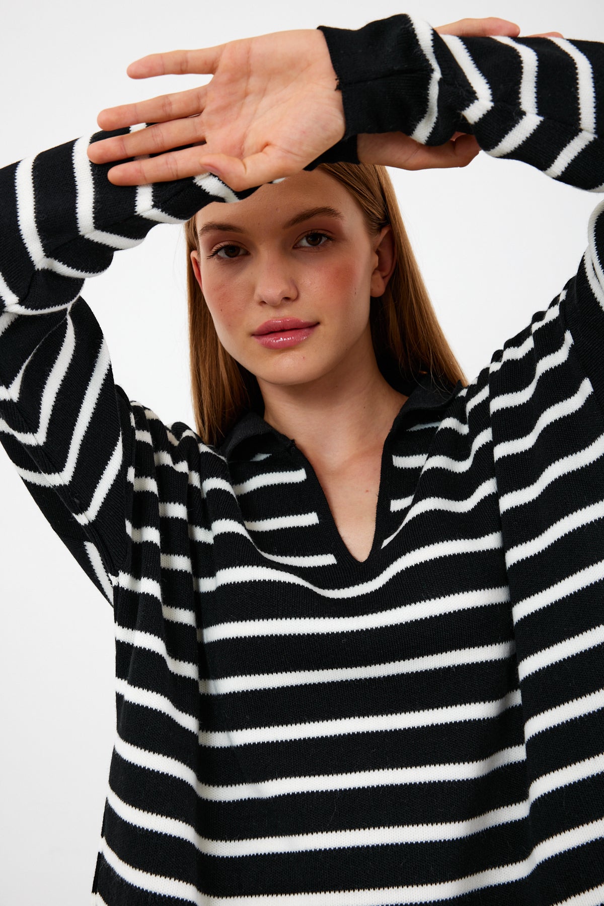 Knit Polo Neck Top V Neck Striped Knit Sweater - SKU: 1038