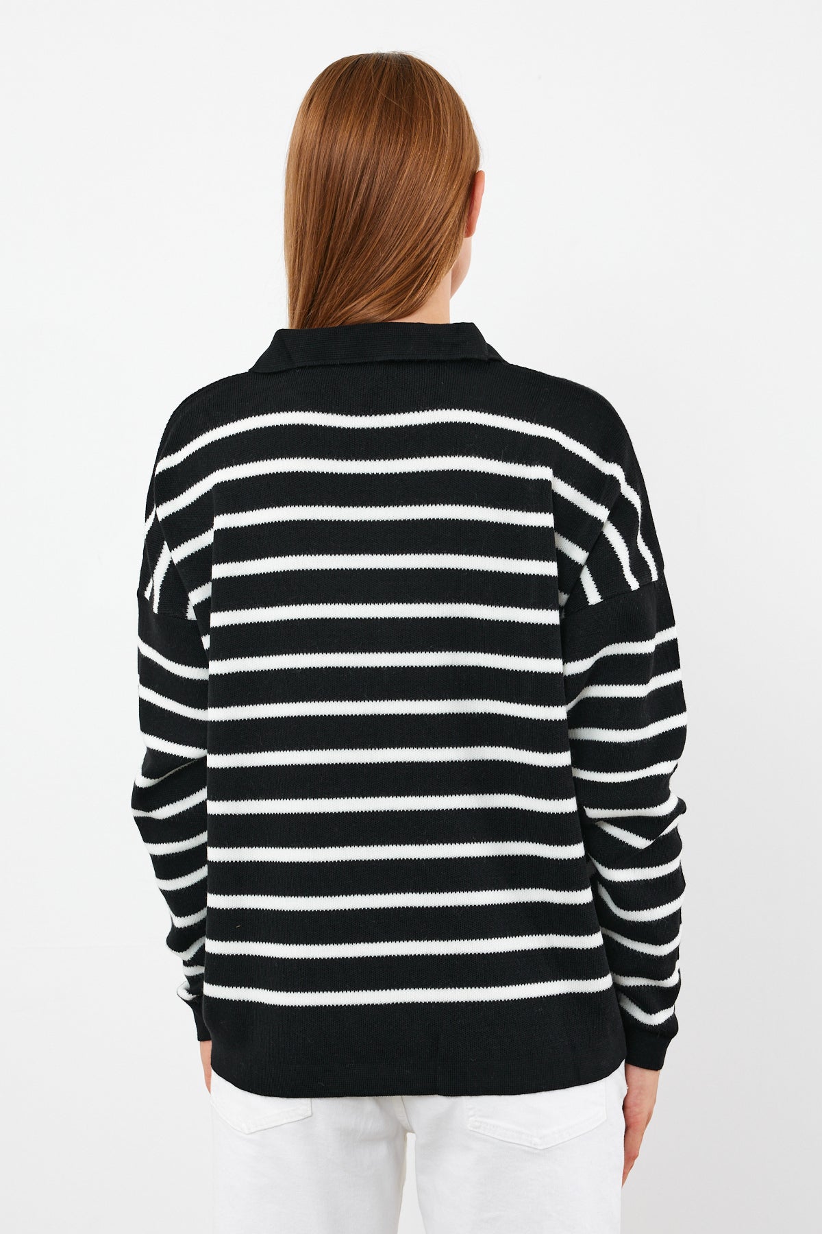 Knit Polo Neck Top V Neck Striped Knit Sweater - SKU: 1038