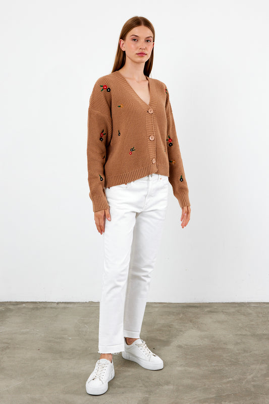 Short Knit Cardigan Flower Embroidery Detailed - SKU: 3840