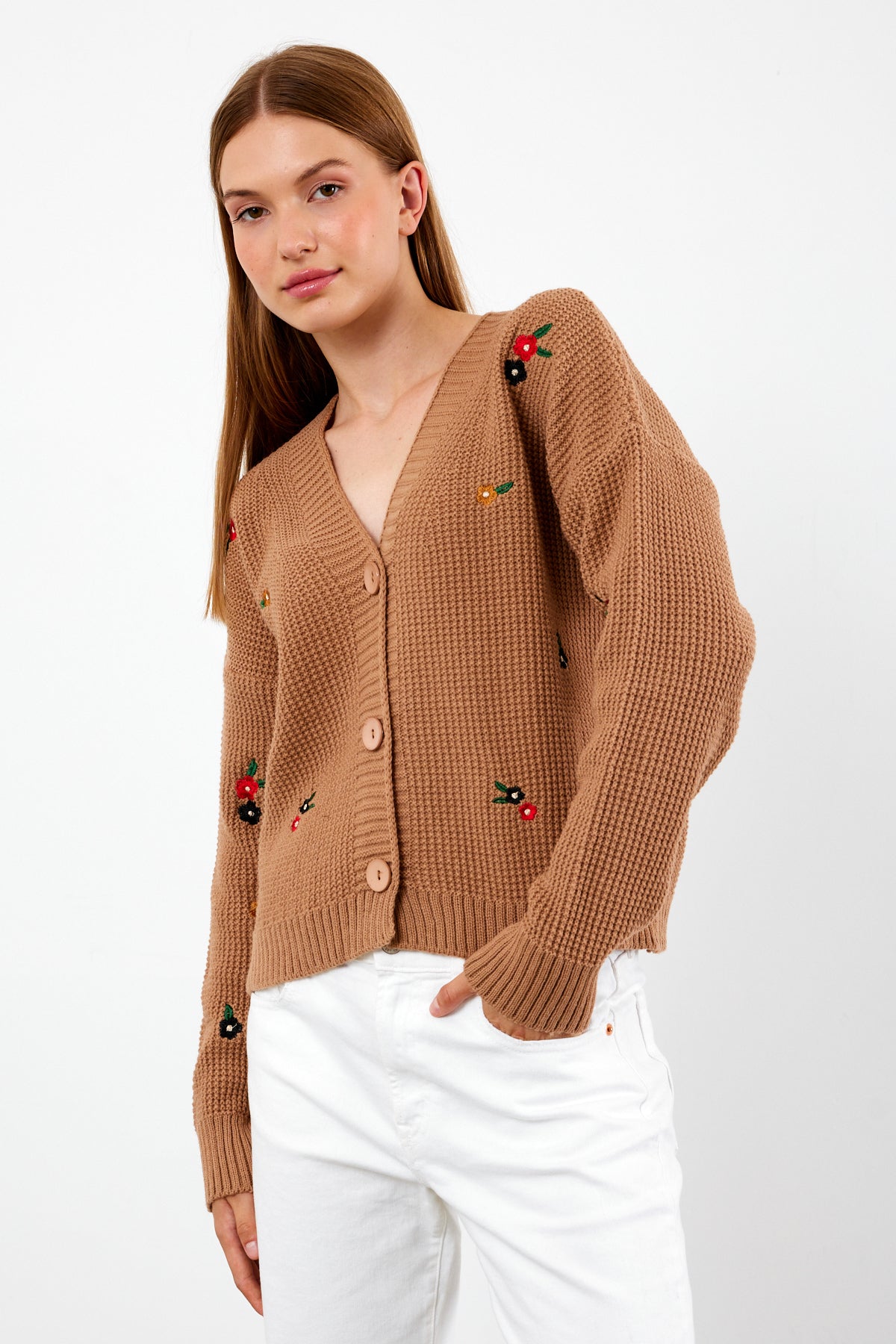 Short Knit Cardigan Flower Embroidery Detailed - SKU: 3840