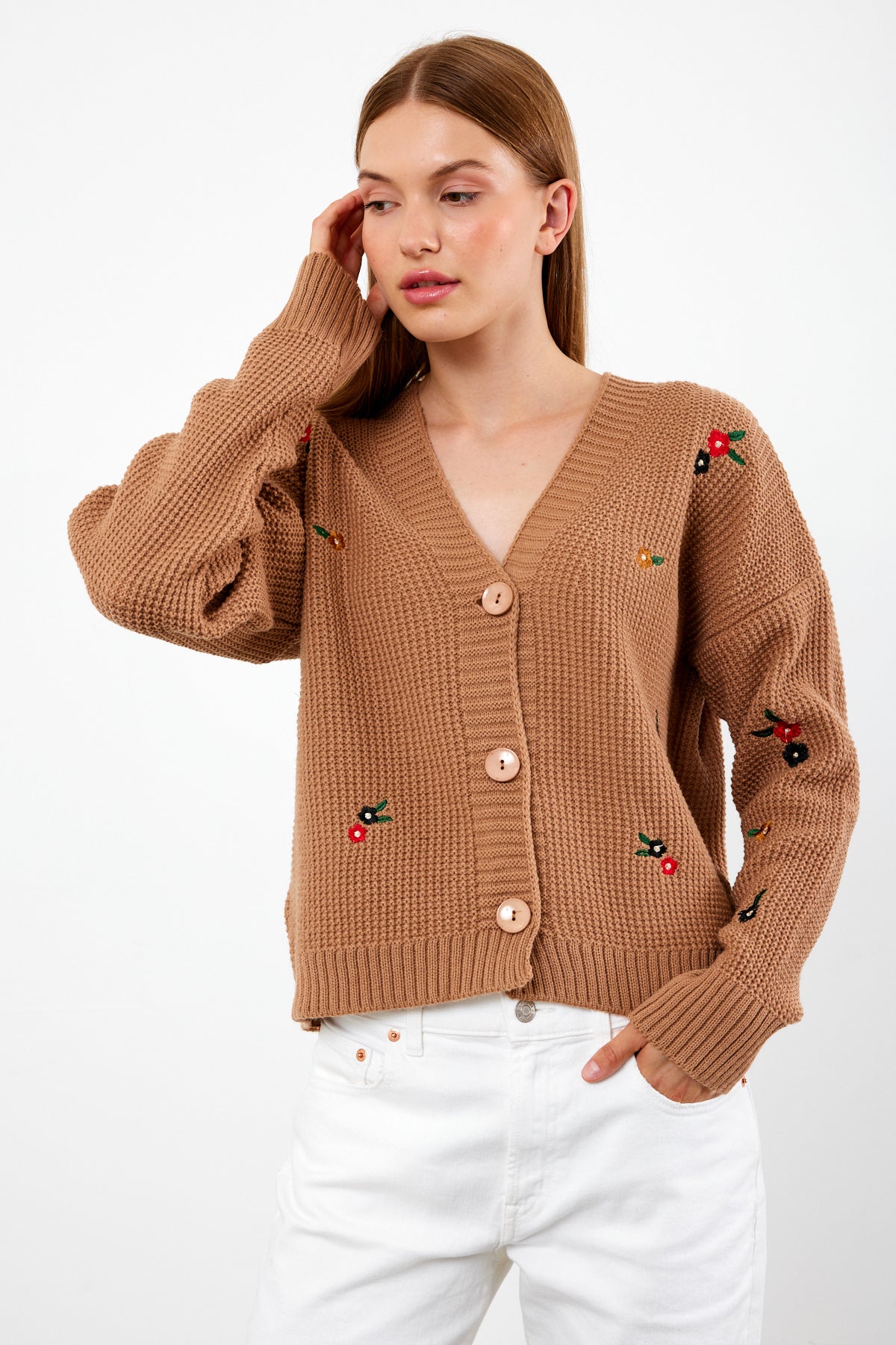 Short Knit Cardigan Flower Embroidery Detailed - SKU: 3840