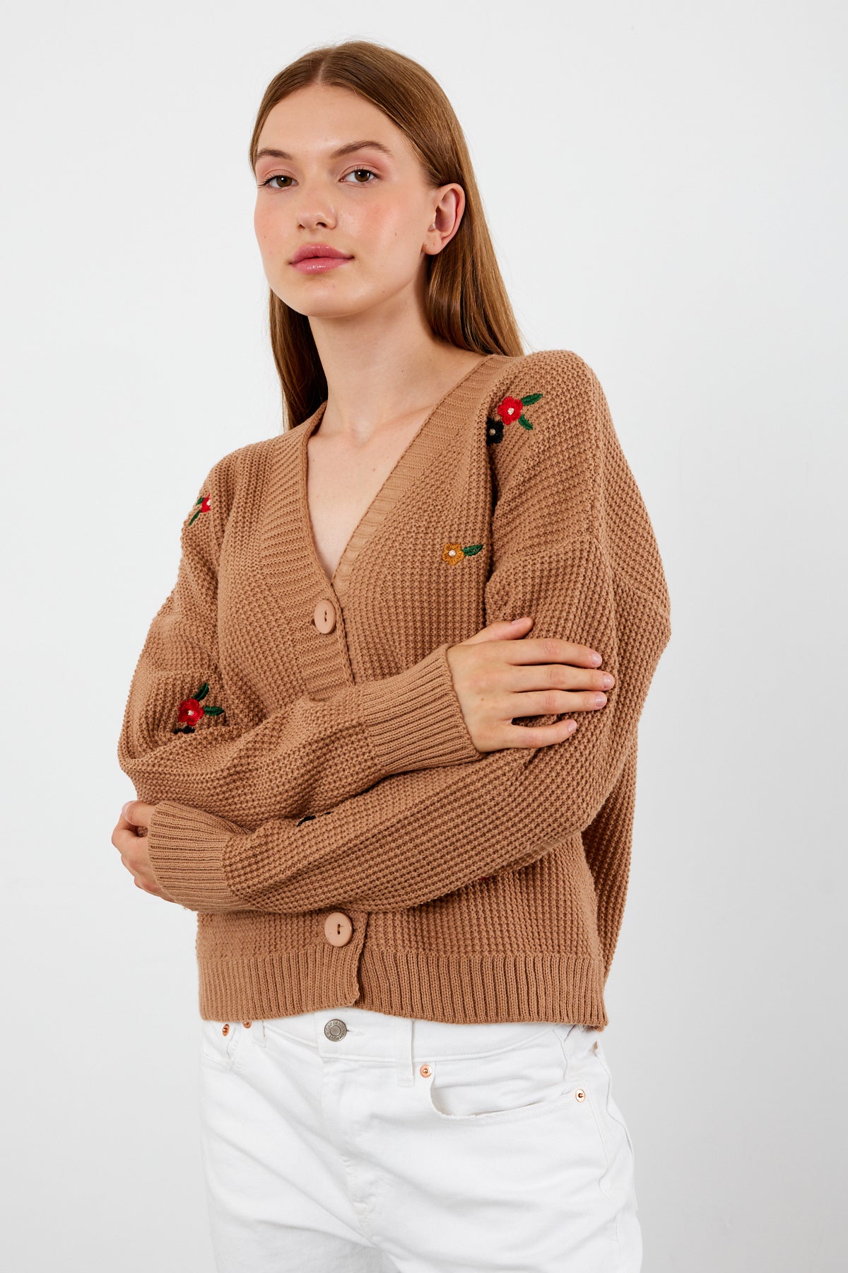 Short Knit Cardigan Flower Embroidery Detailed - SKU: 3840