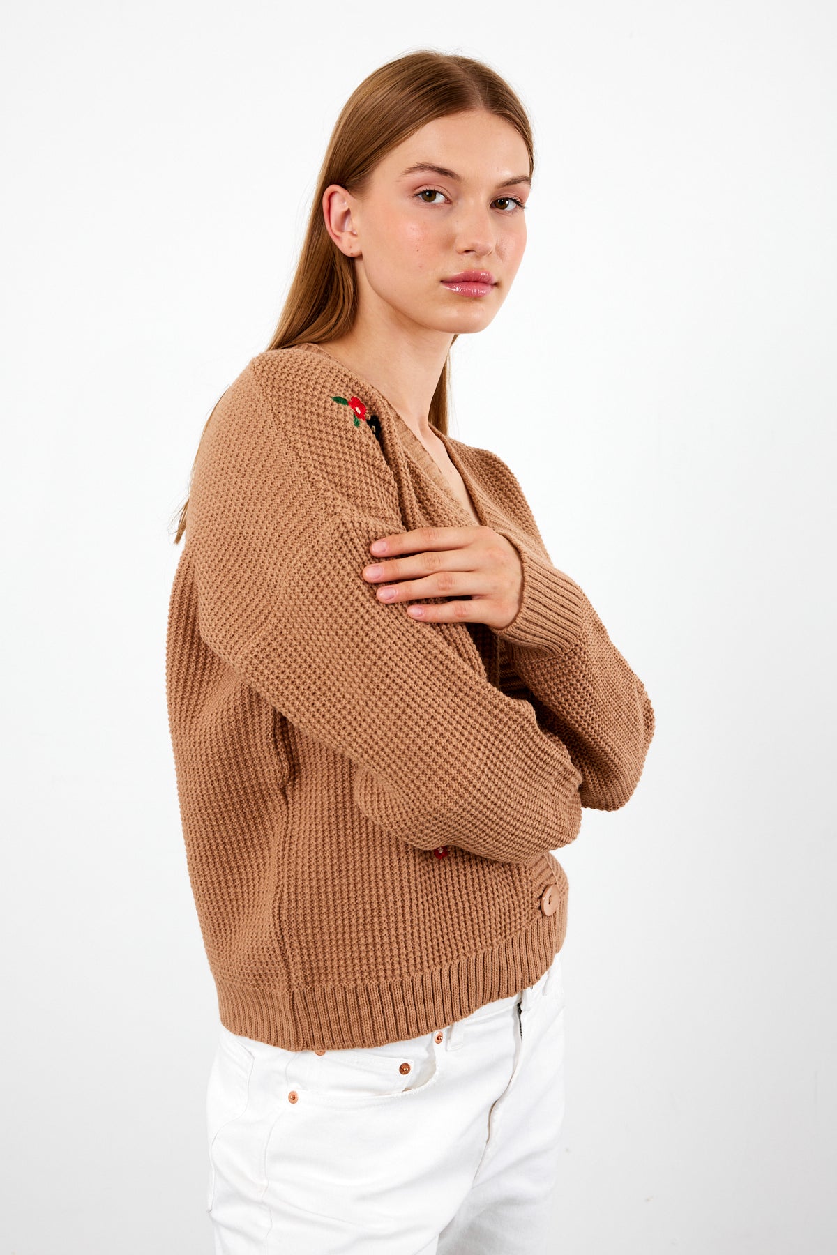 Short Knit Cardigan Flower Embroidery Detailed - SKU: 3840