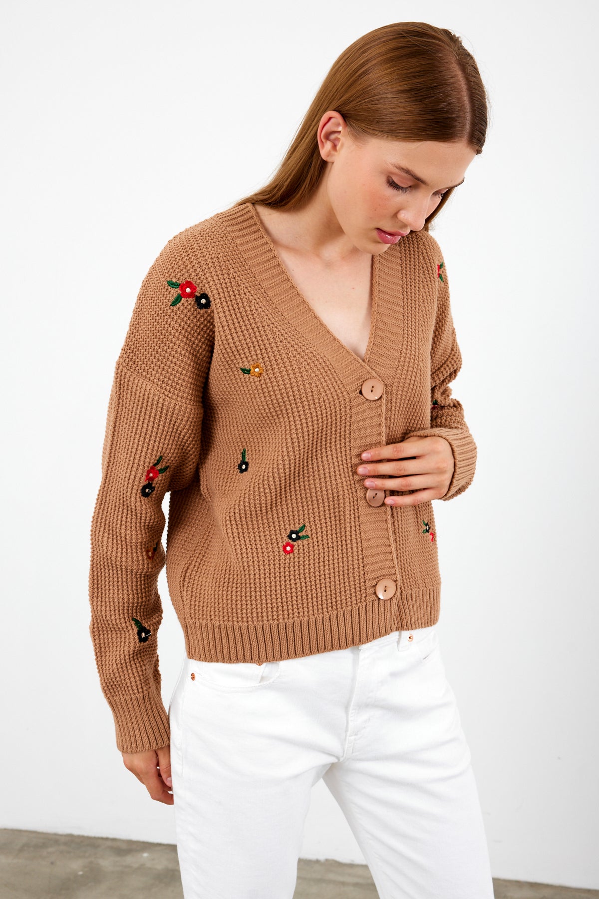 Short Knit Cardigan Flower Embroidery Detailed - SKU: 3840