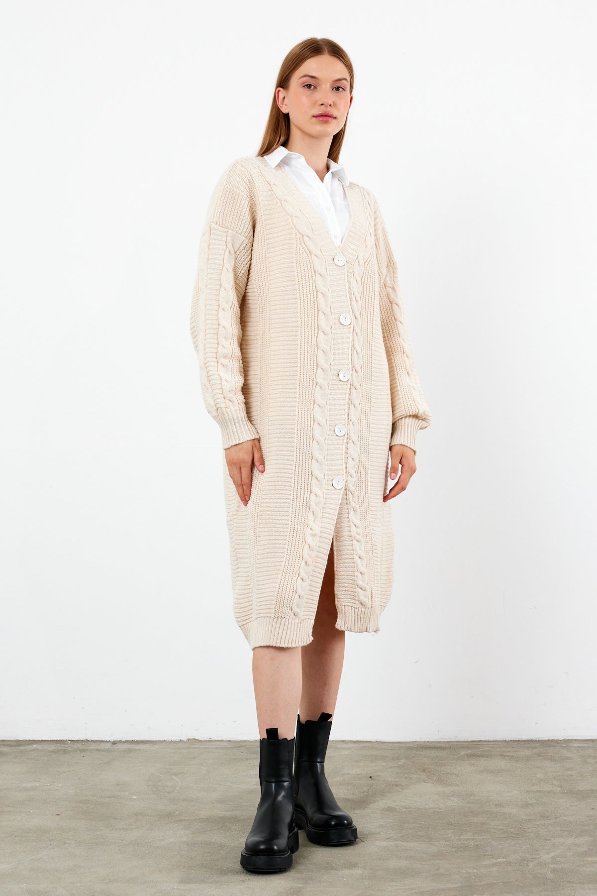 Long Length Knit Cardigan Knit Detailed Duster Solid Color - SKU: 3670