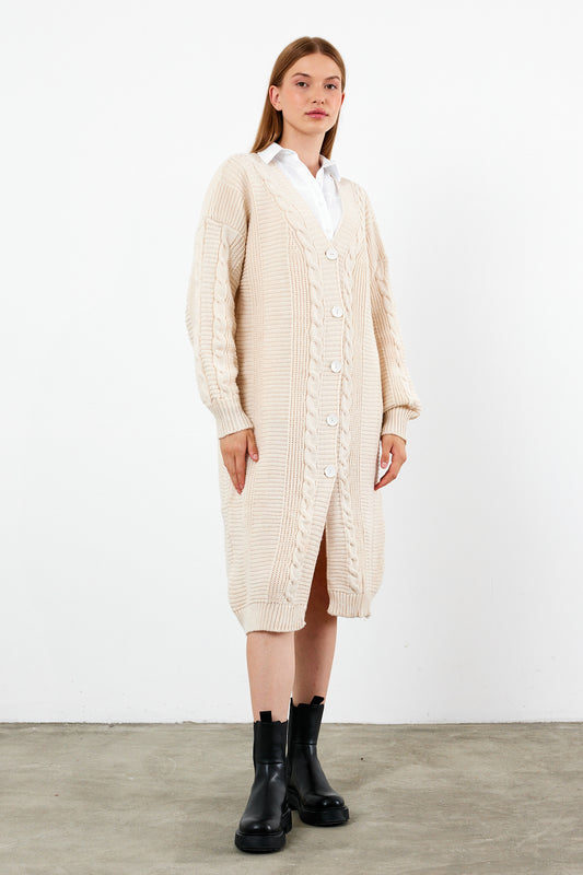 Long Length Knit Cardigan Knit Detailed Duster Solid Color - SKU: 3670