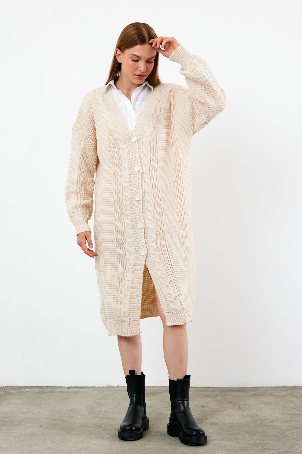 Long Length Knit Cardigan Knit Detailed Duster Solid Color - SKU: 3670